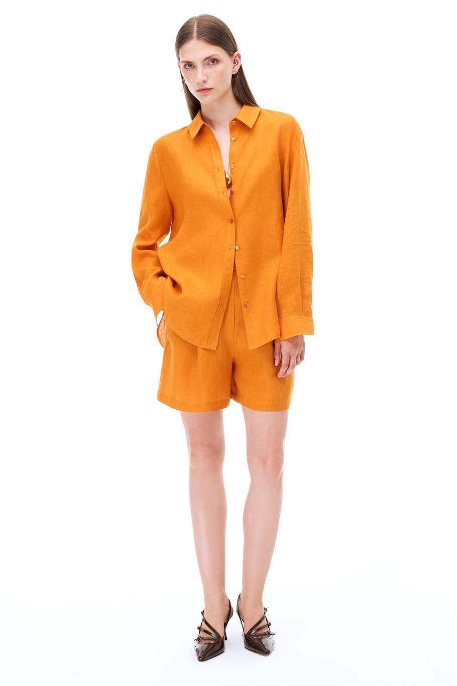 Turuncu %100 Keten Yüksek Bel Straight Leg Şort