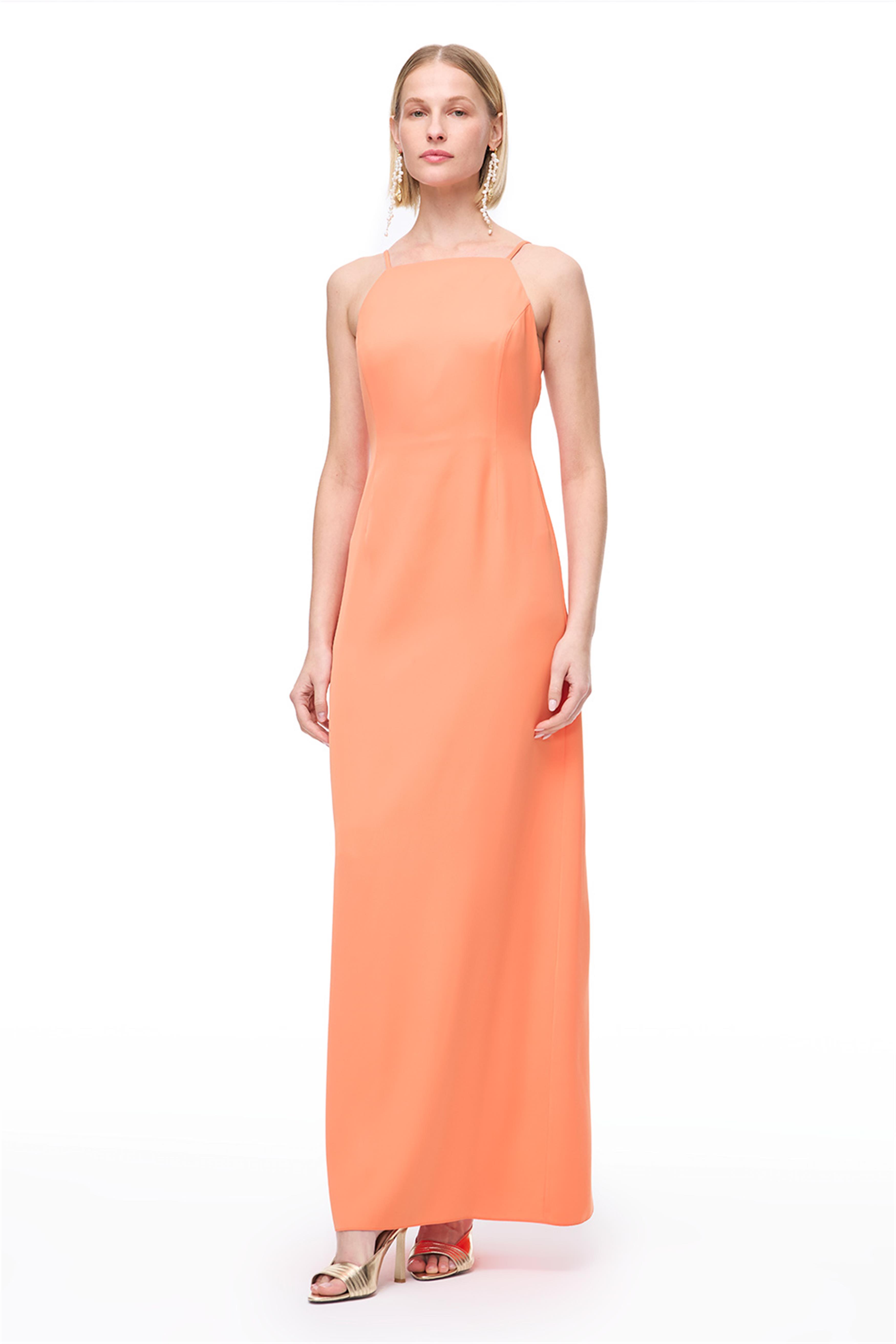 Turuncu Askılı Uzun Elbise