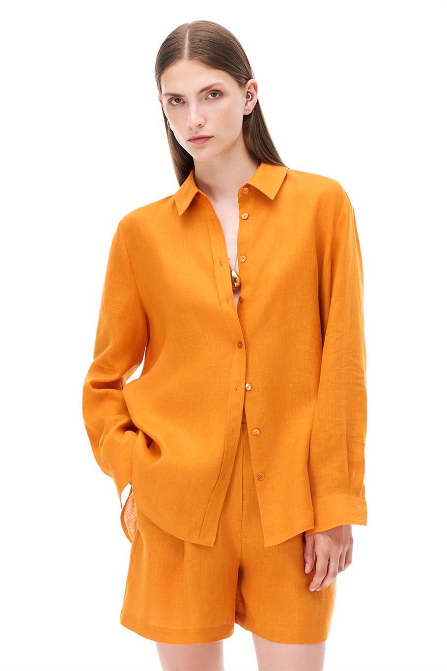 Turuncu Gömlek Yaka Düğmeli Uzun Kollu Keten Gömlek