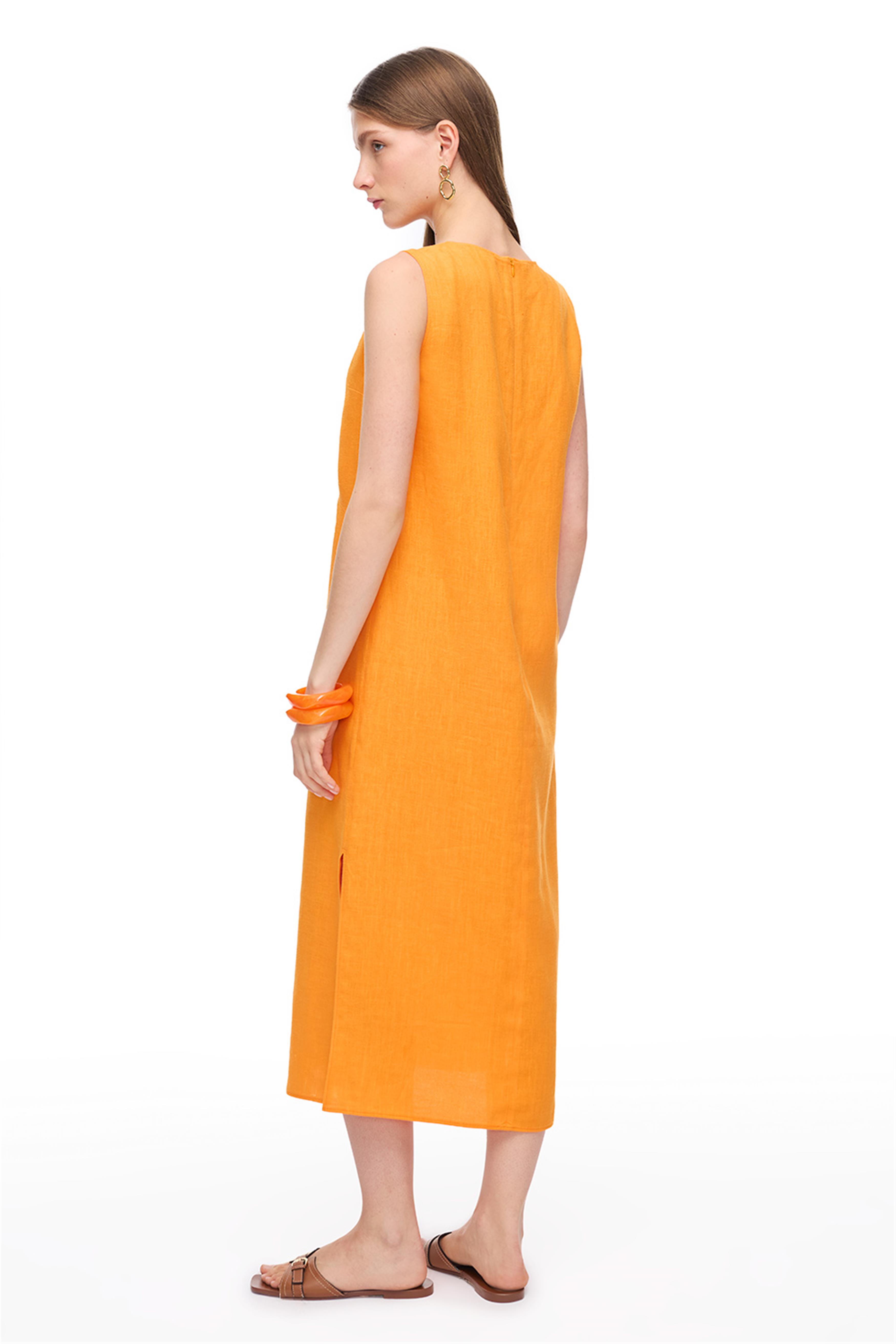 Turuncu Keten V-Yaka Midi Elbise