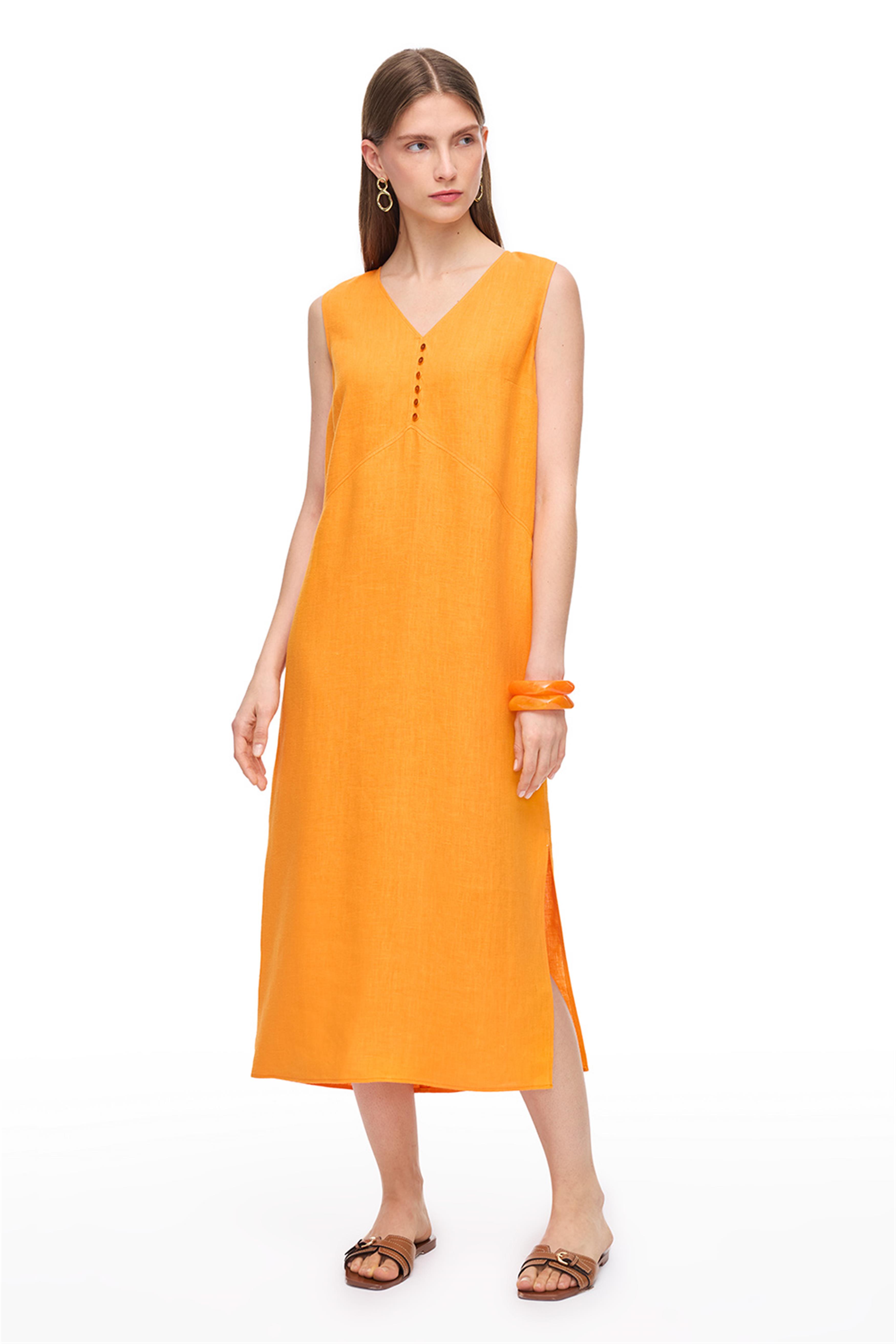 Turuncu Keten V-Yaka Midi Elbise