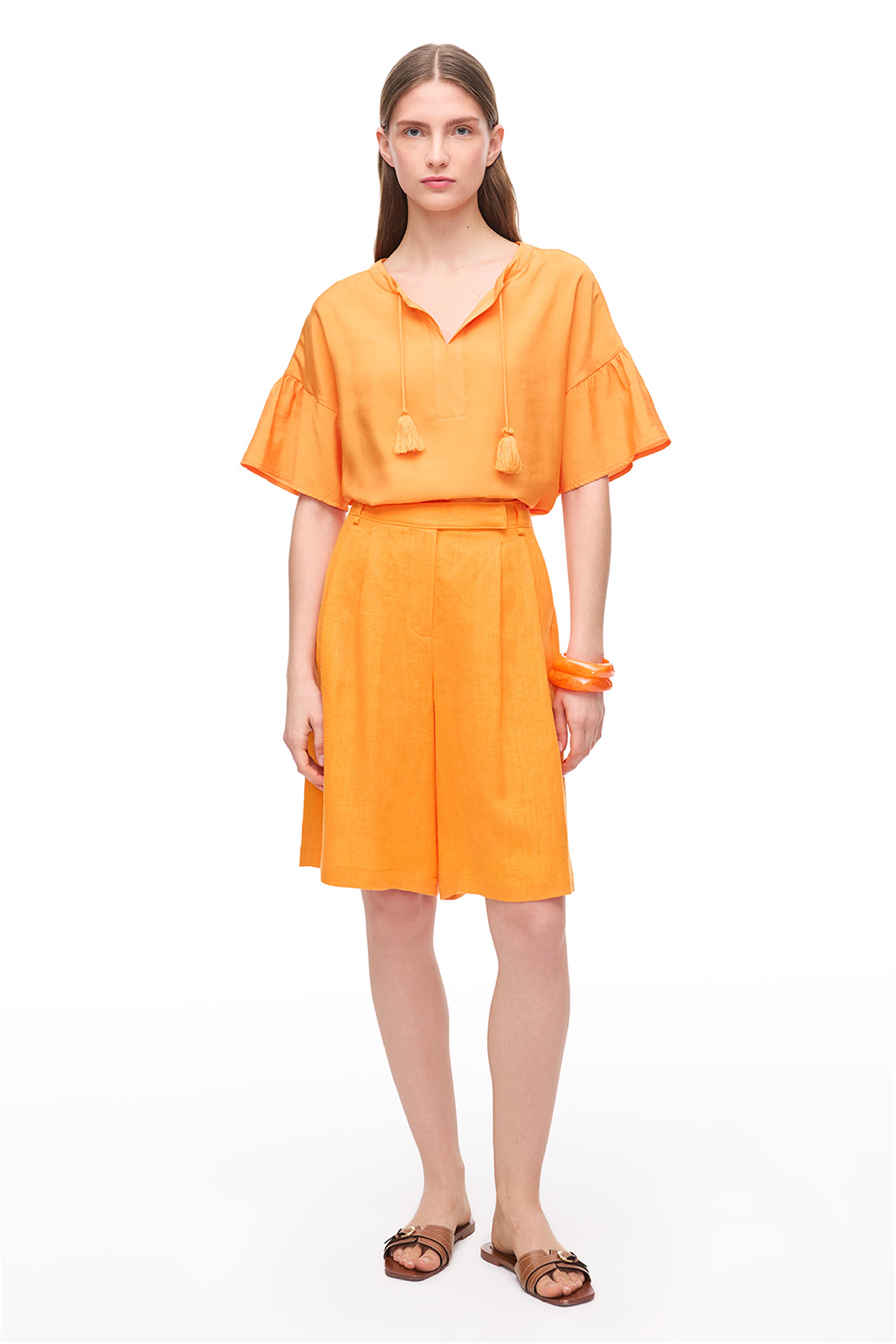 Turuncu Yüksek Bel Keten Şort