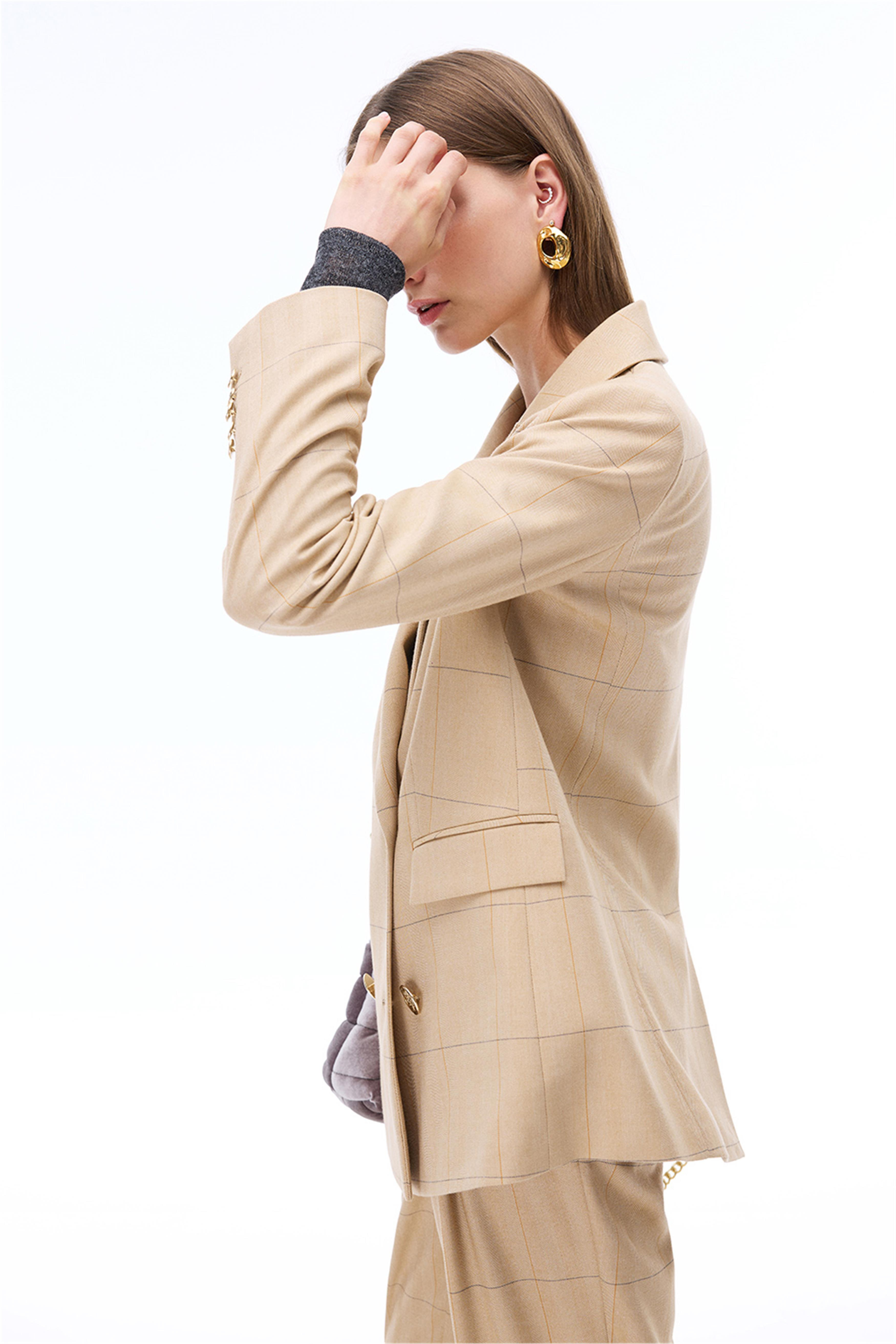 Untimely Regular Fit Balıksırtı Desenli Takma Kol Devetüyü Renk Kadın Ceket