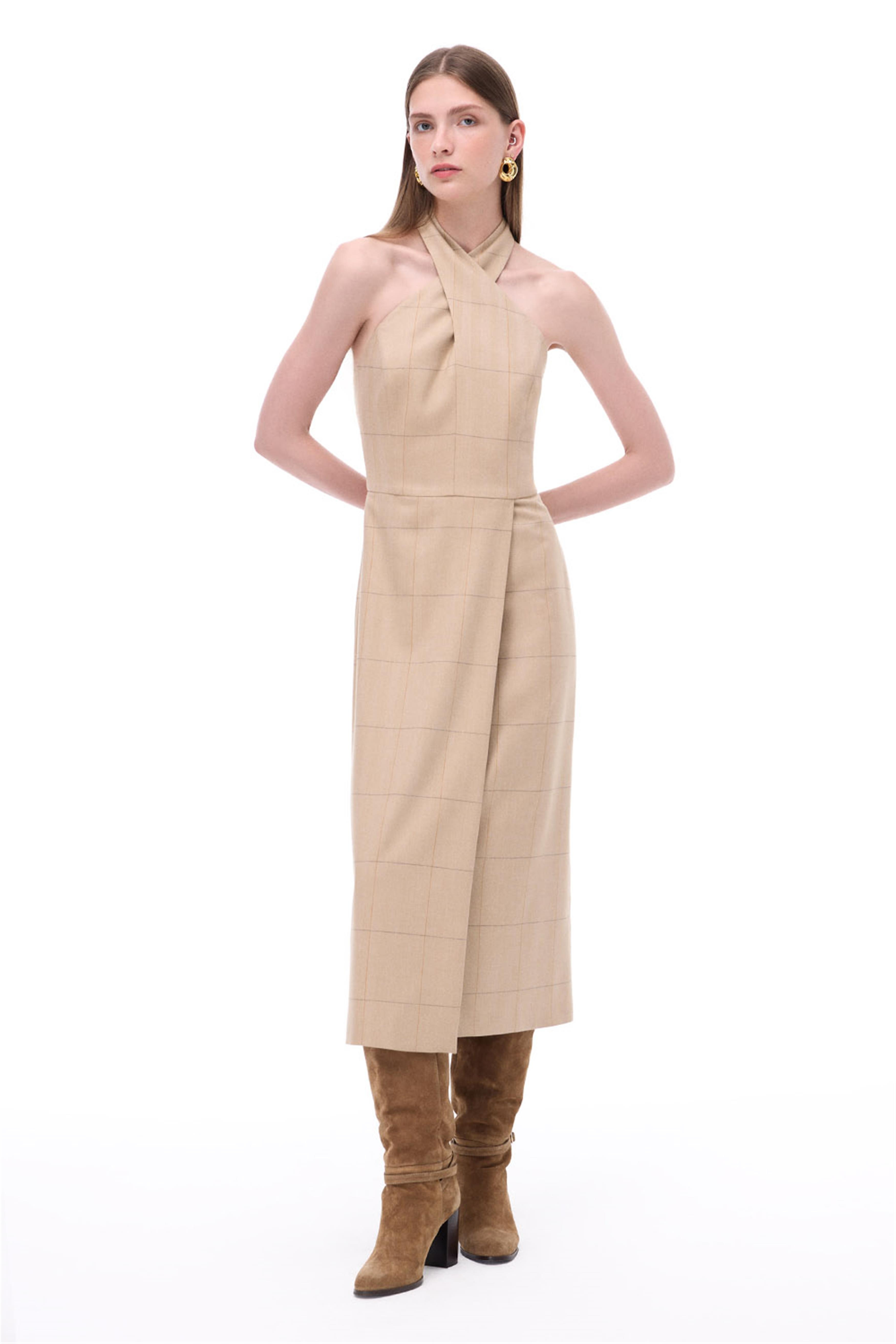 Untimely Regular Fit Balıksırtı Desenli Midi Boy Devetüyü Renk Elbise