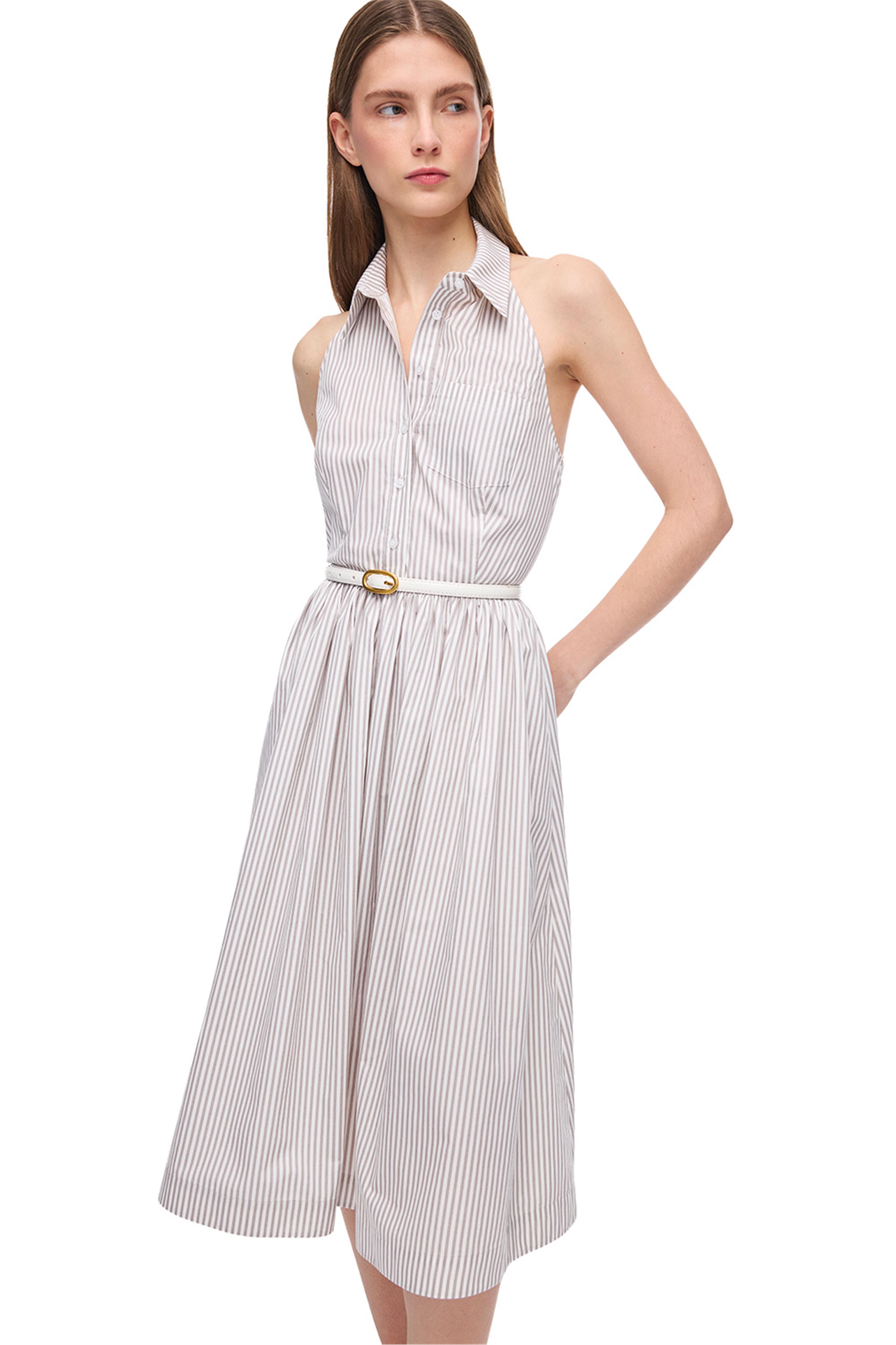 Vizon Beyaz Sitas Regular Fit Çizgili Diz Altı Elbise