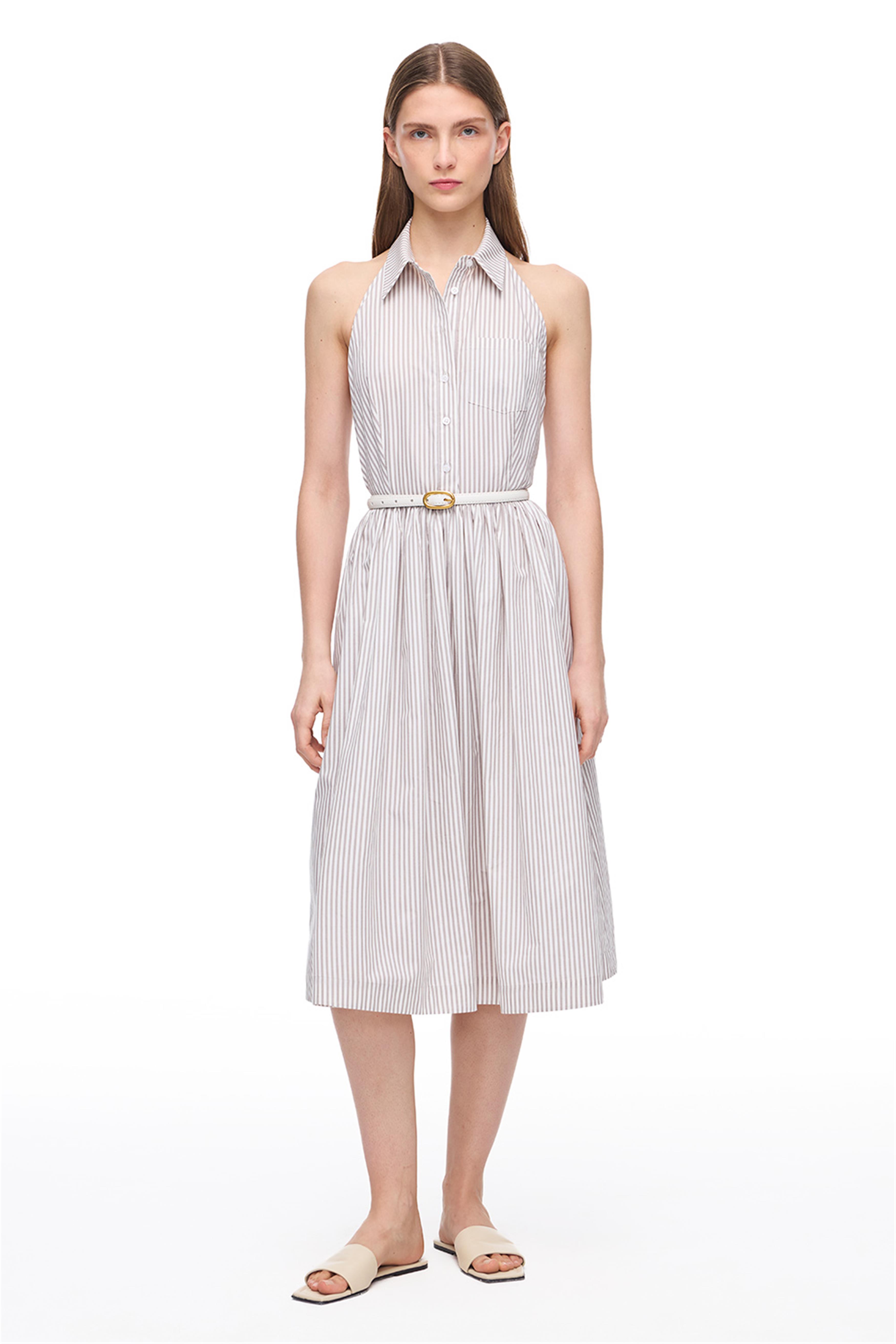 Vizon Beyaz Sitas Regular Fit Çizgili Diz Altı Elbise