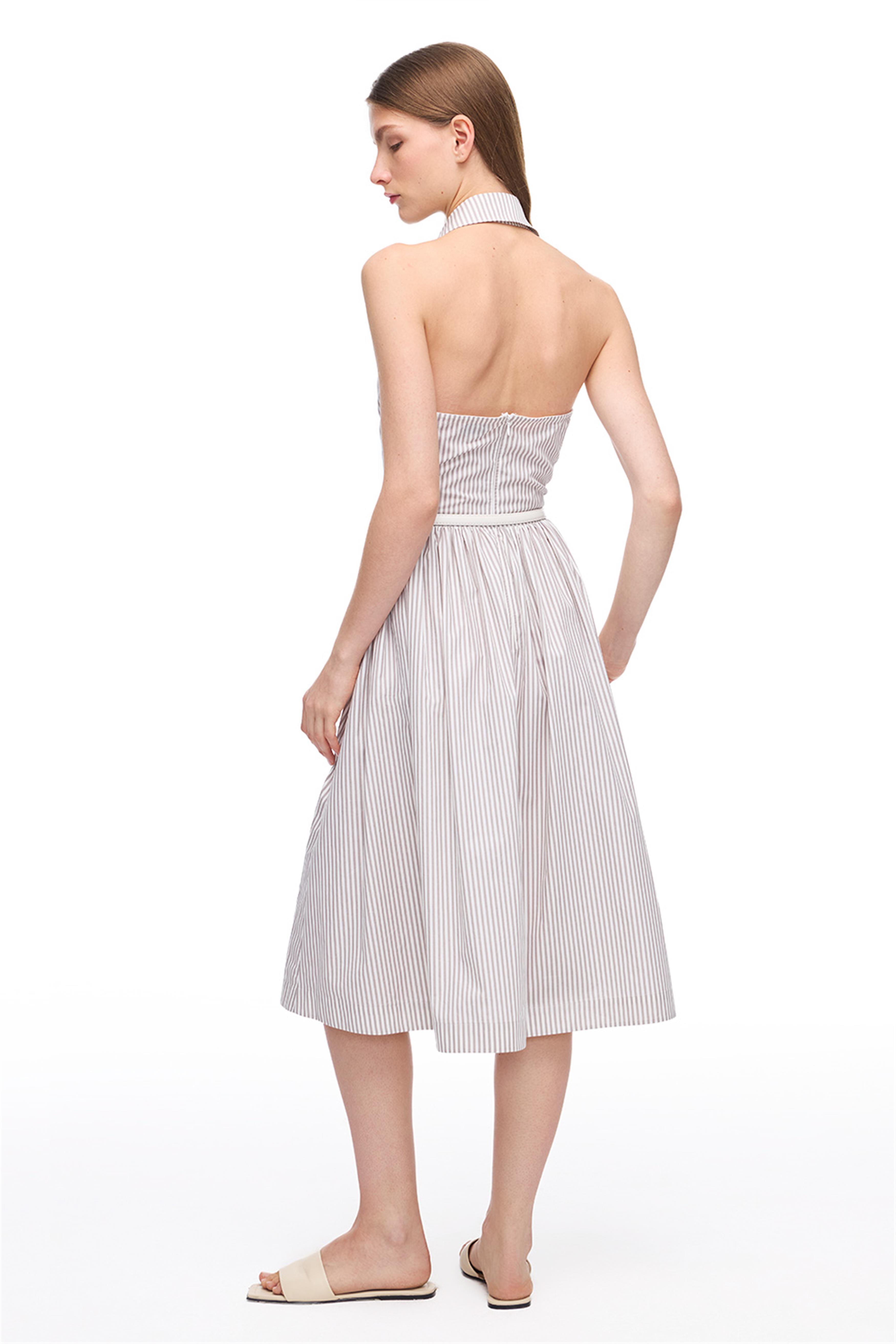 Vizon Beyaz Sitas Regular Fit Çizgili Diz Altı Elbise