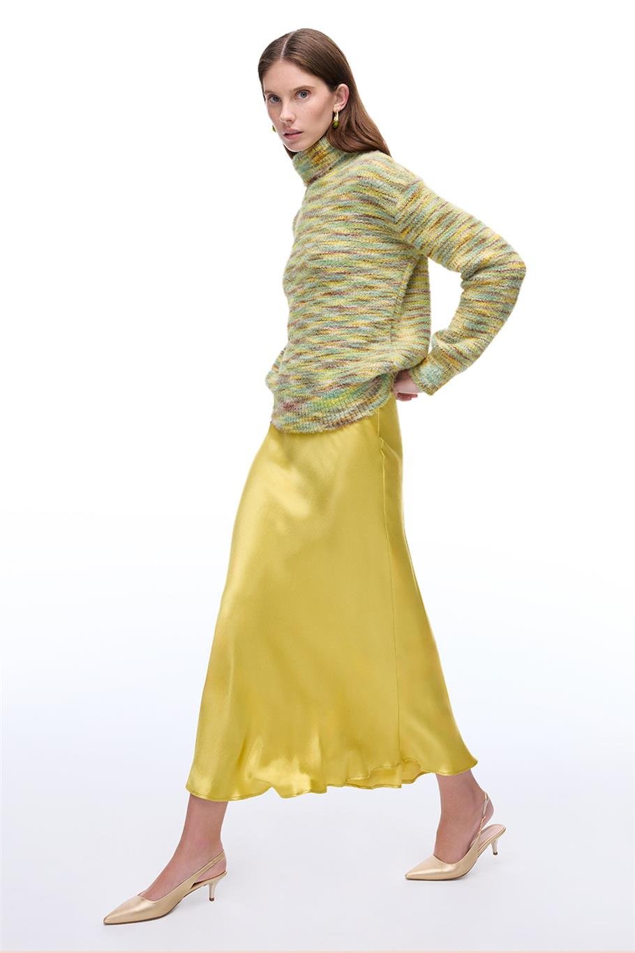 Yağ Yeşili Orta Bel Midi Etek