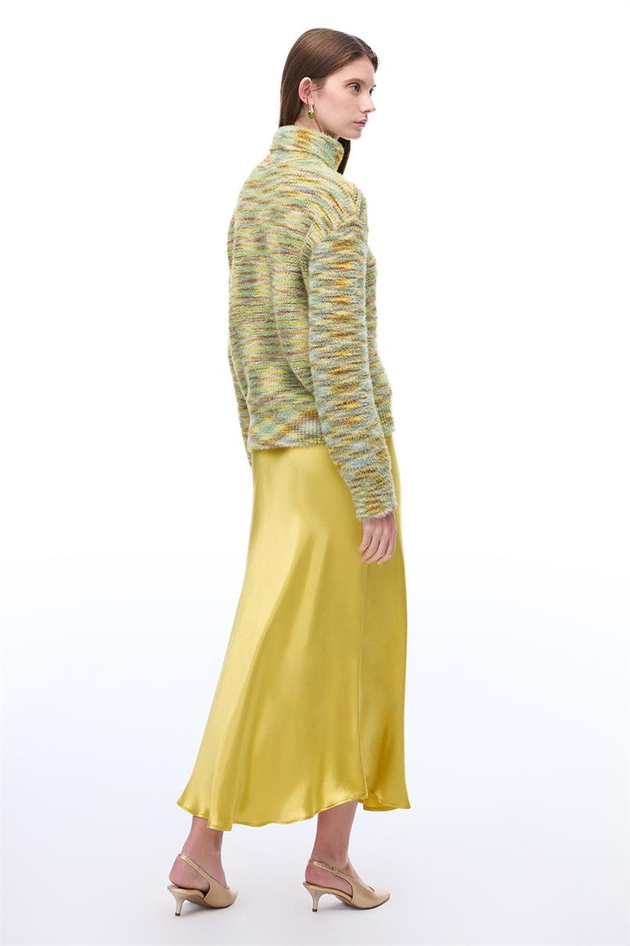 Yağ Yeşili Orta Bel Midi Etek