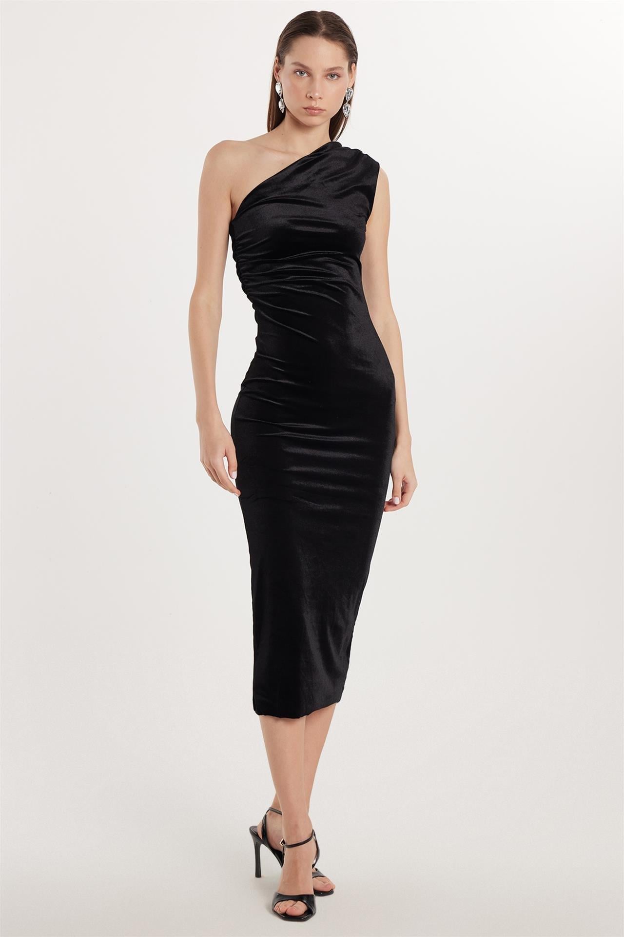 Slim Fit Dar Kesim Tek Omuz Detaylı Midi Boy Siyah Elbise