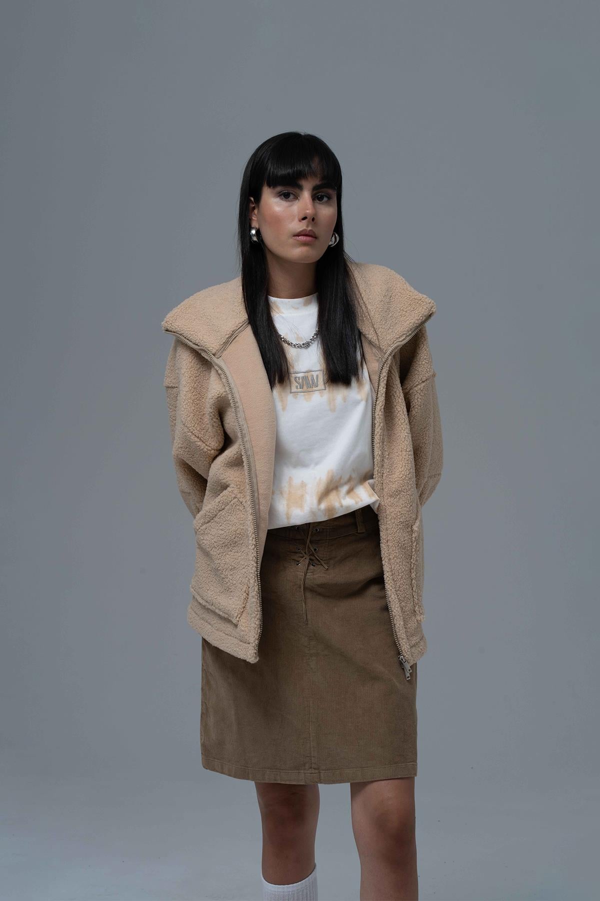 Classic Haven Oversize Welsoft Ceket Kadın Açık Bej