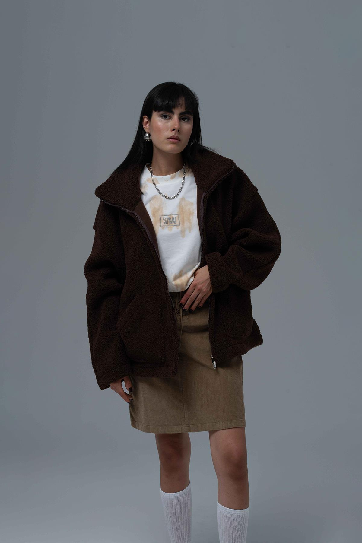 Classic Haven Oversize Welsoft Ceket Kadın Kahverengi