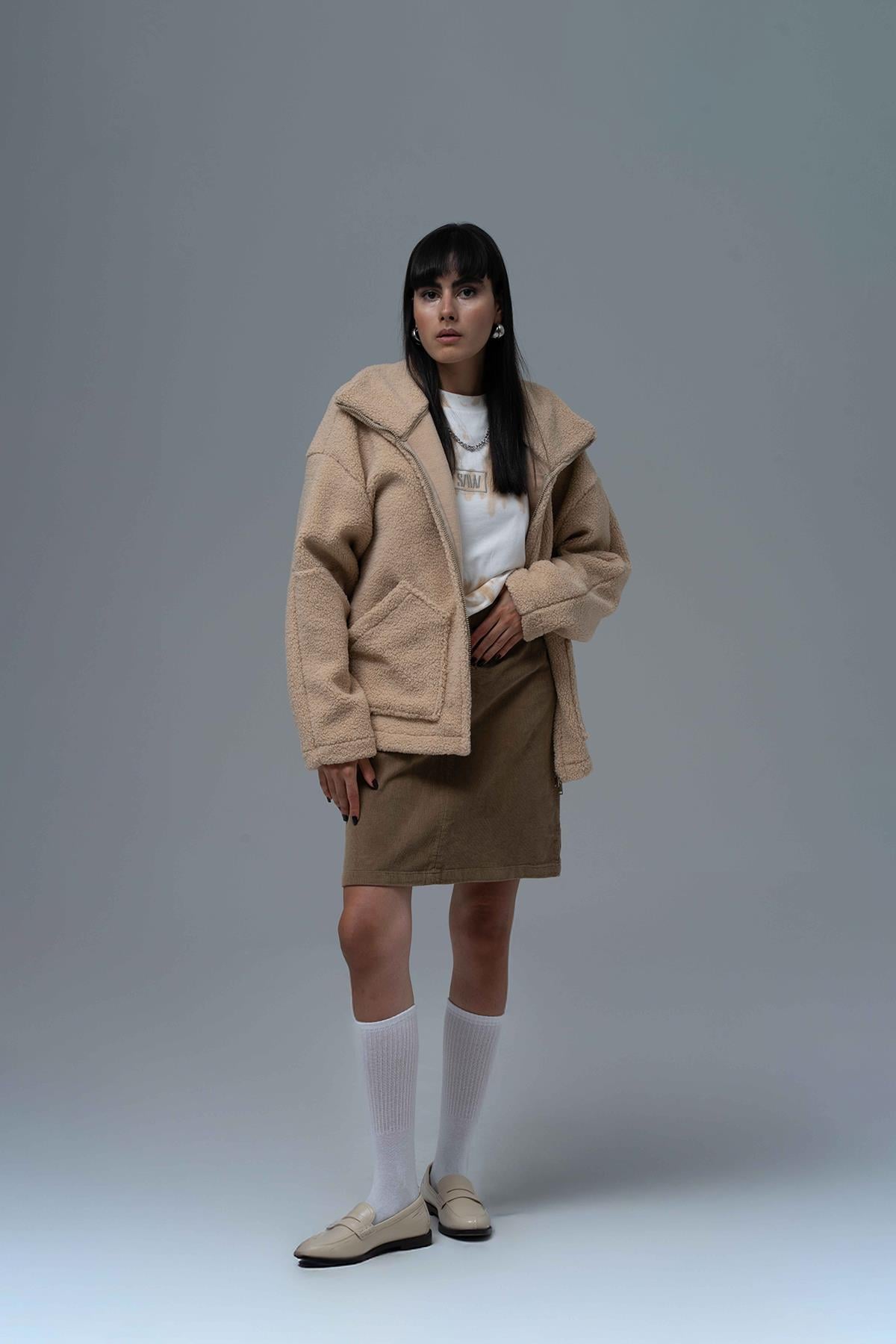 Classic Haven Oversize Welsoft Ceket Kadın Açık Bej