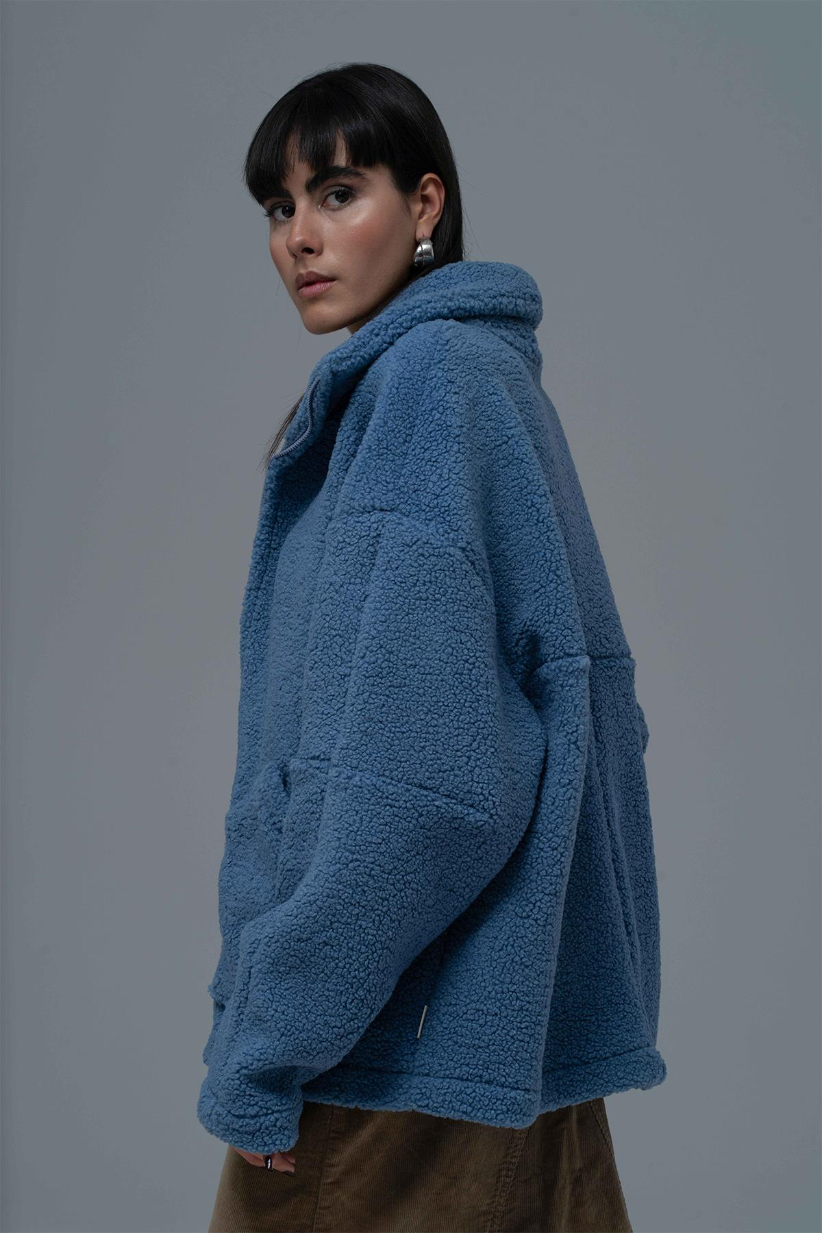 Classic Haven Oversize Welsoft Ceket Kadın Mavi