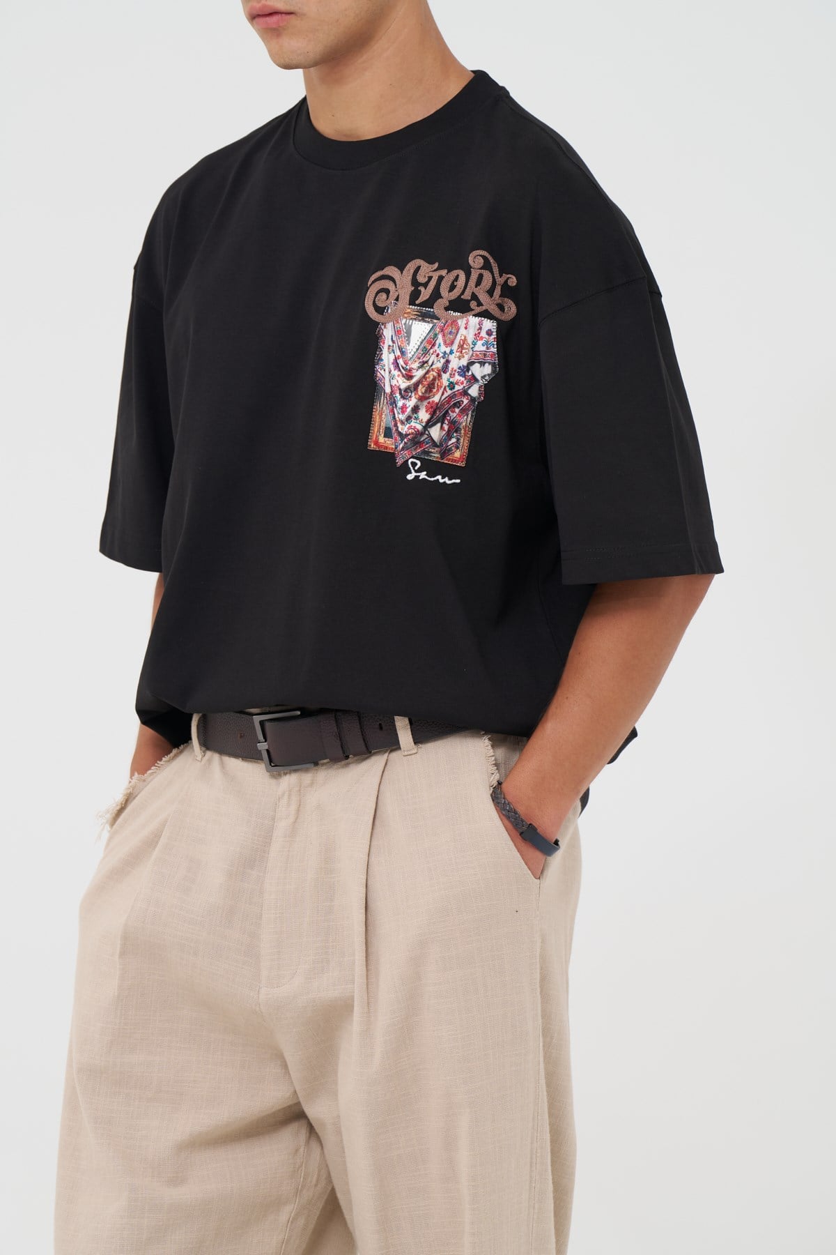 Folk Drapery Oversize Erkek Tişört Siyah