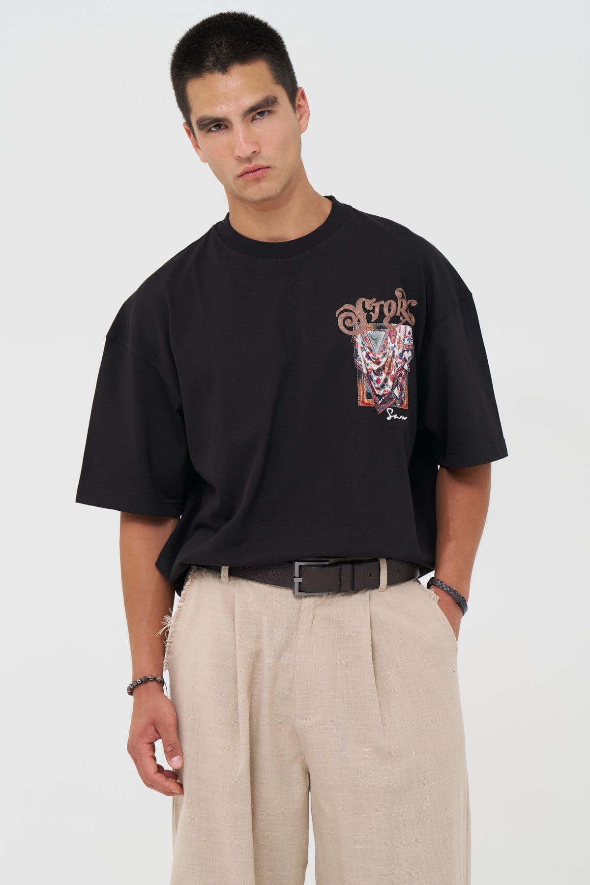 Folk Drapery Oversize Erkek Tişört Siyah