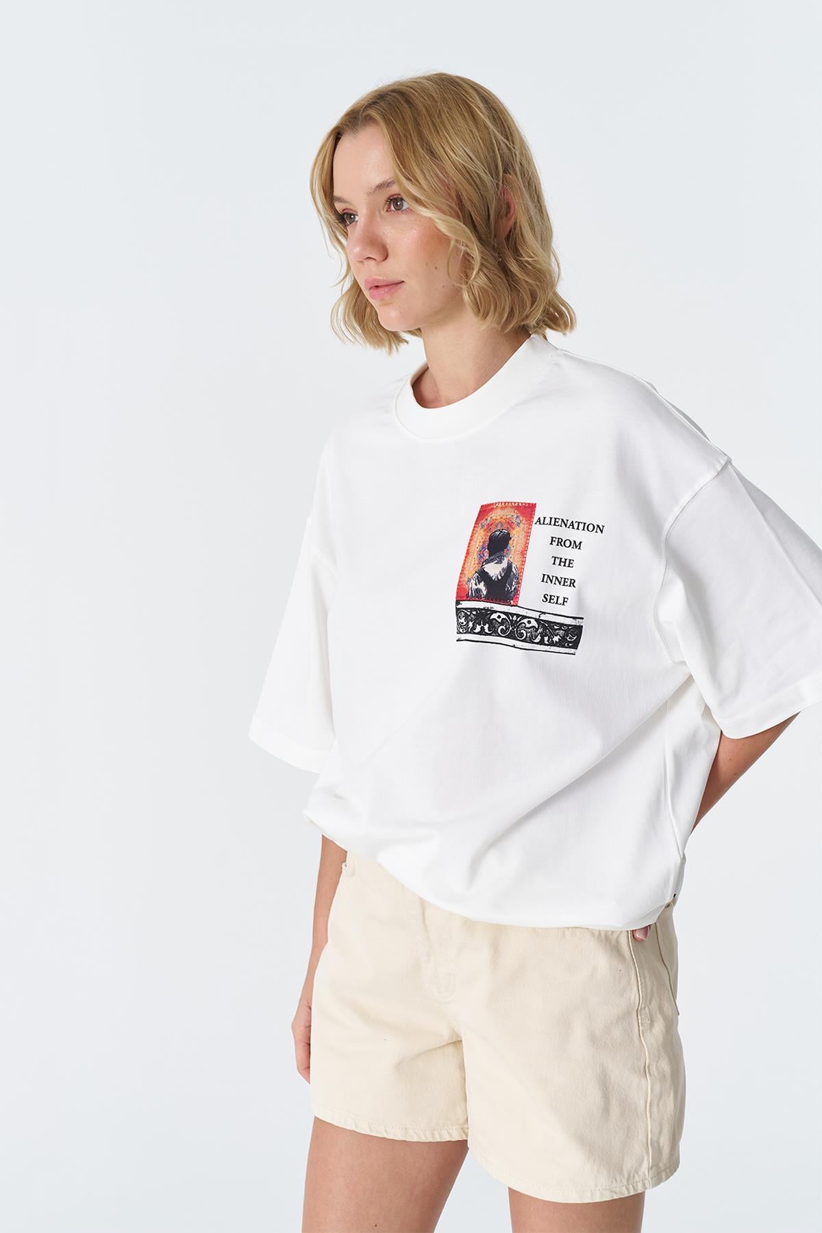 Inner Echo Oversize Tişört Kadın Ekru