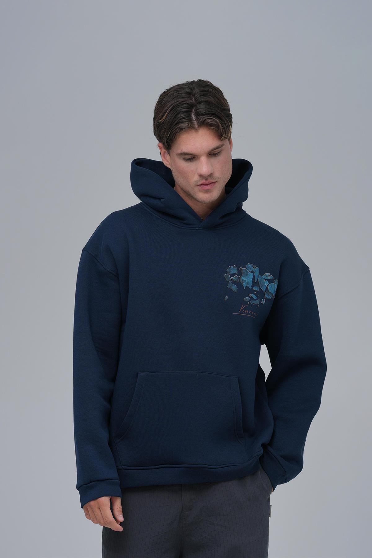 Mosaic Portrait Oversize Sweatshirt Erkek İndigo