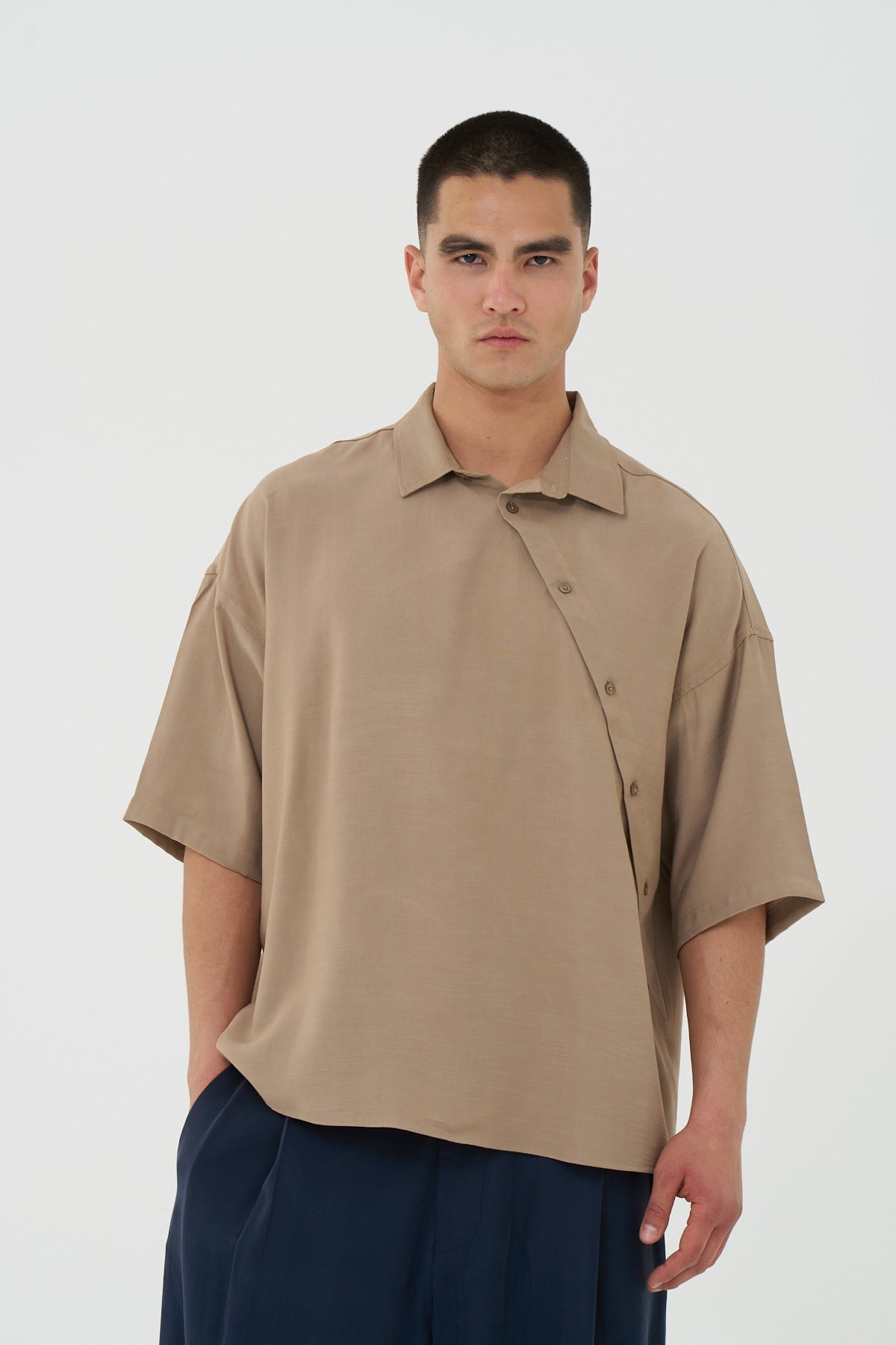Offset Oversize Erkek Gömlek Bej
