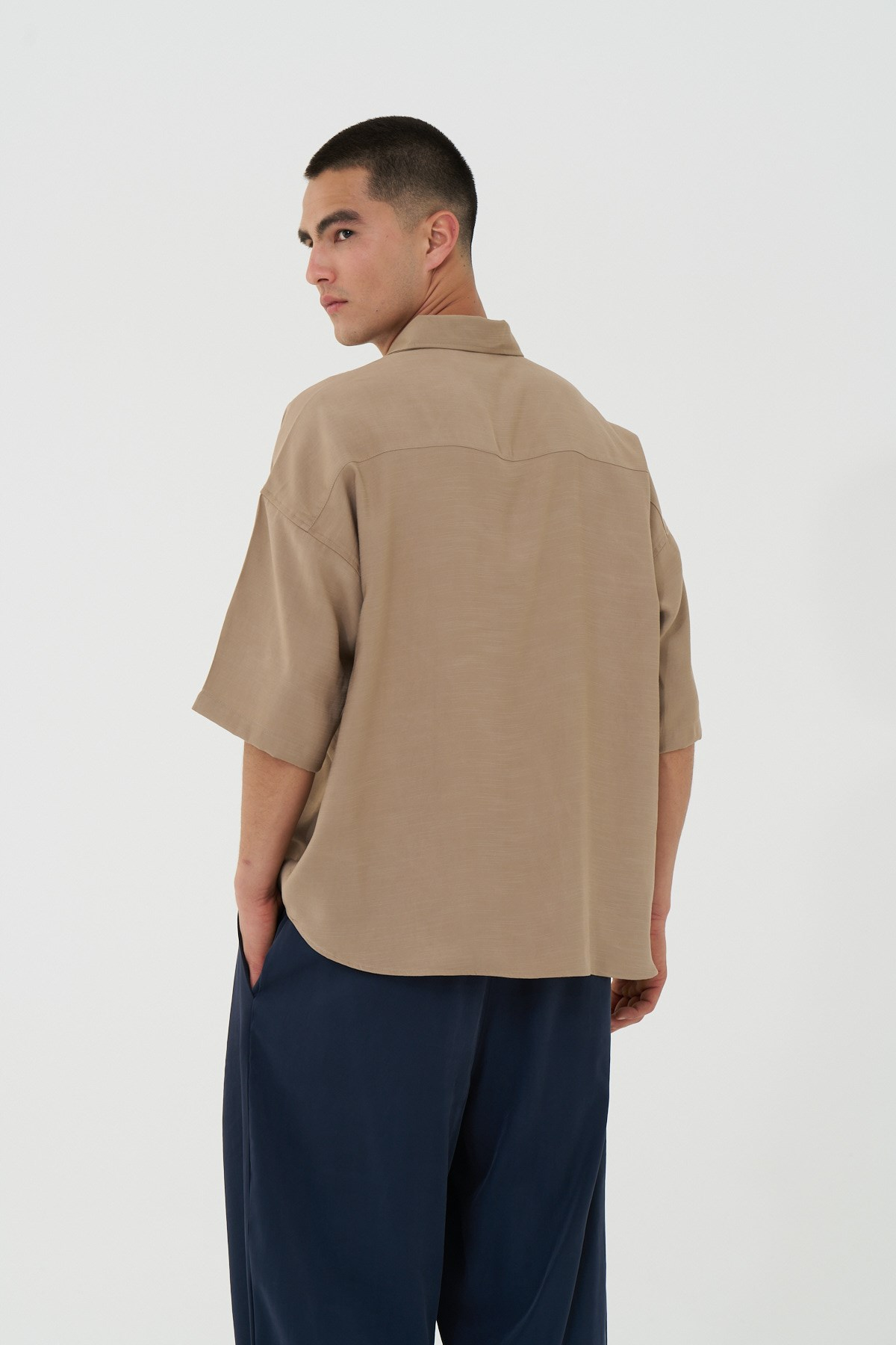 Offset Oversize Erkek Gömlek Bej