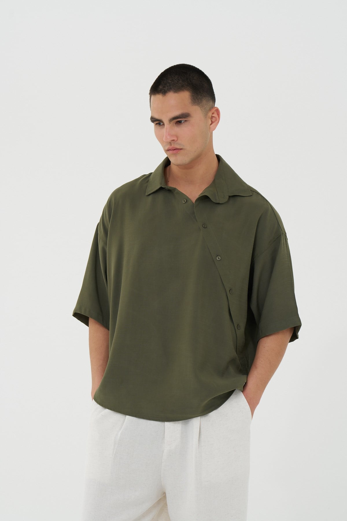 Offset Oversize Erkek Gömlek Haki
