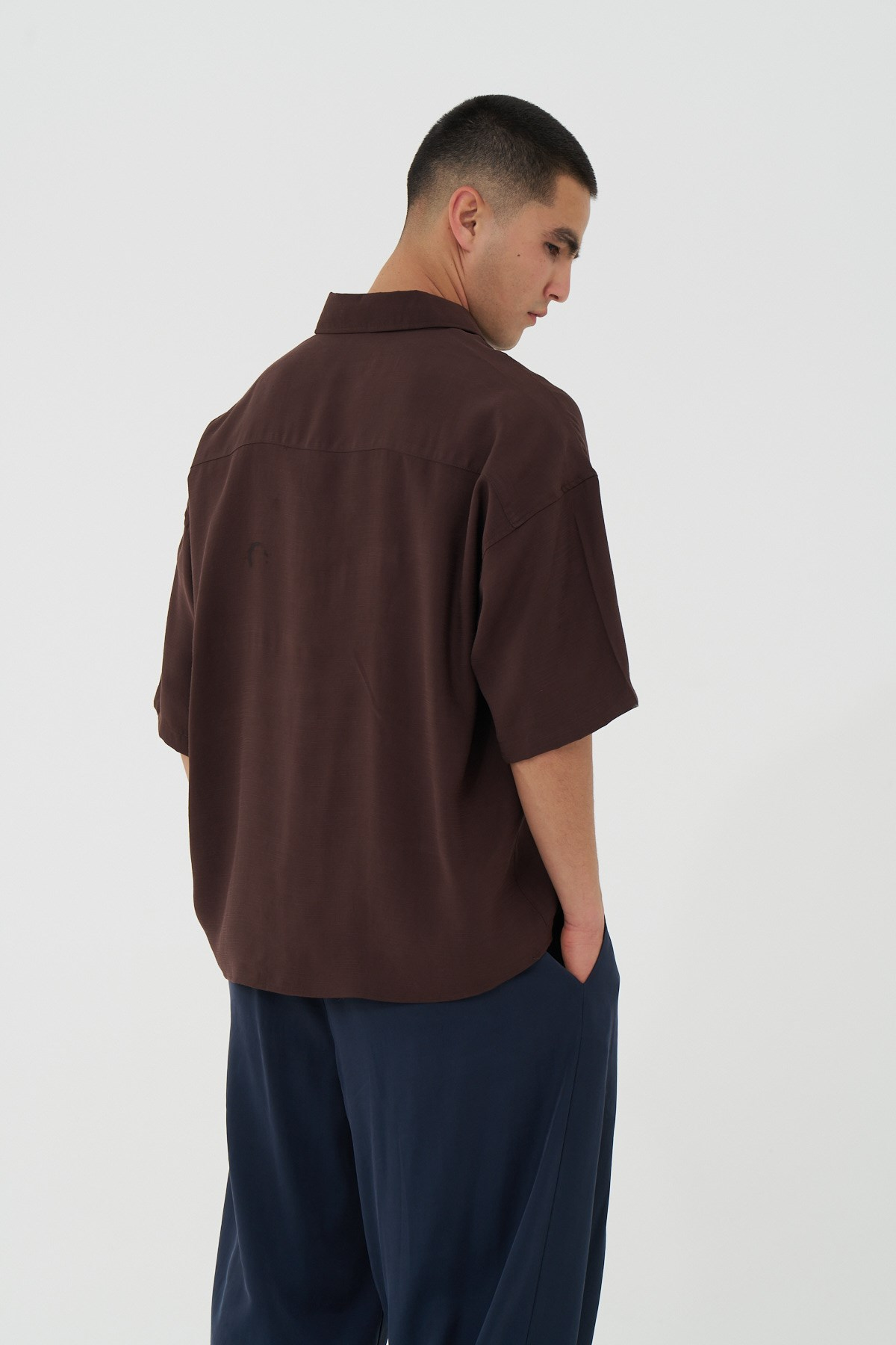 Offset Oversize Erkek Gömlek Kahverengi