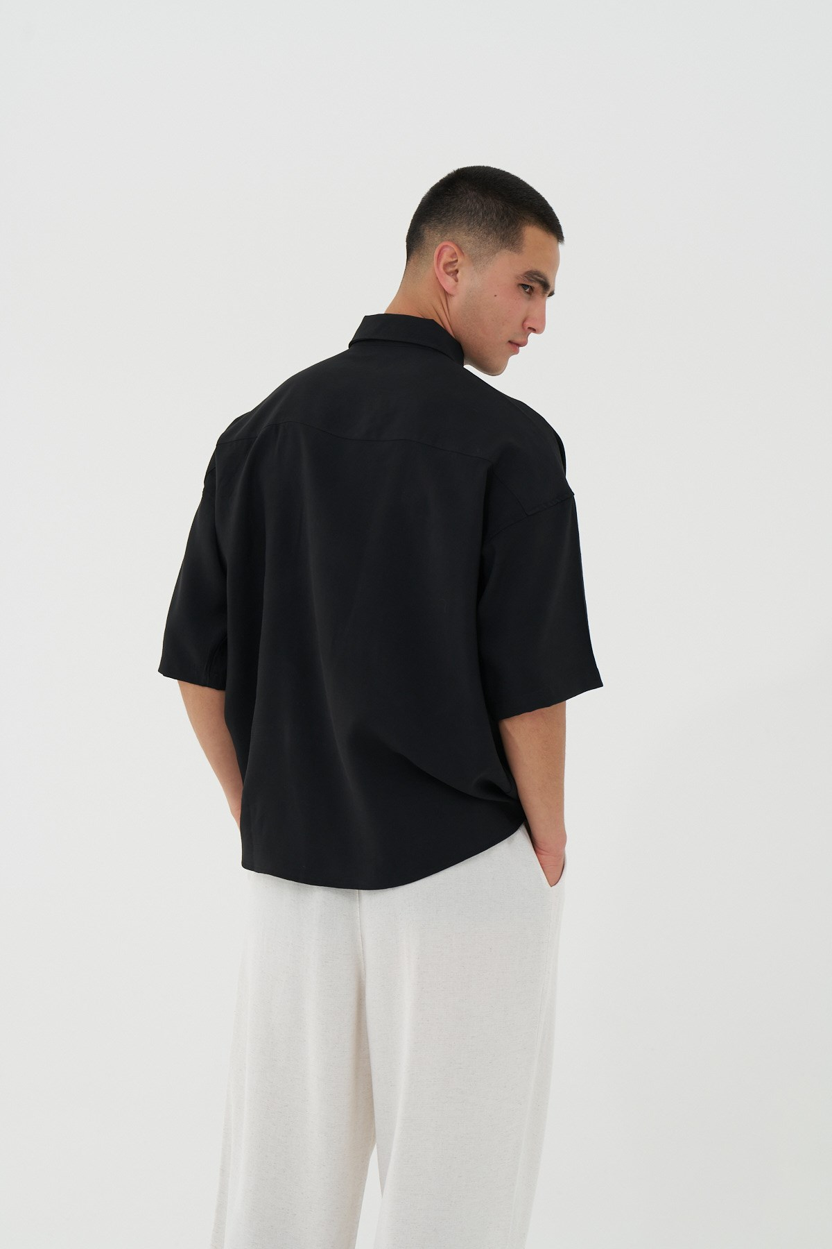 Offset Oversize Erkek Gömlek Siyah