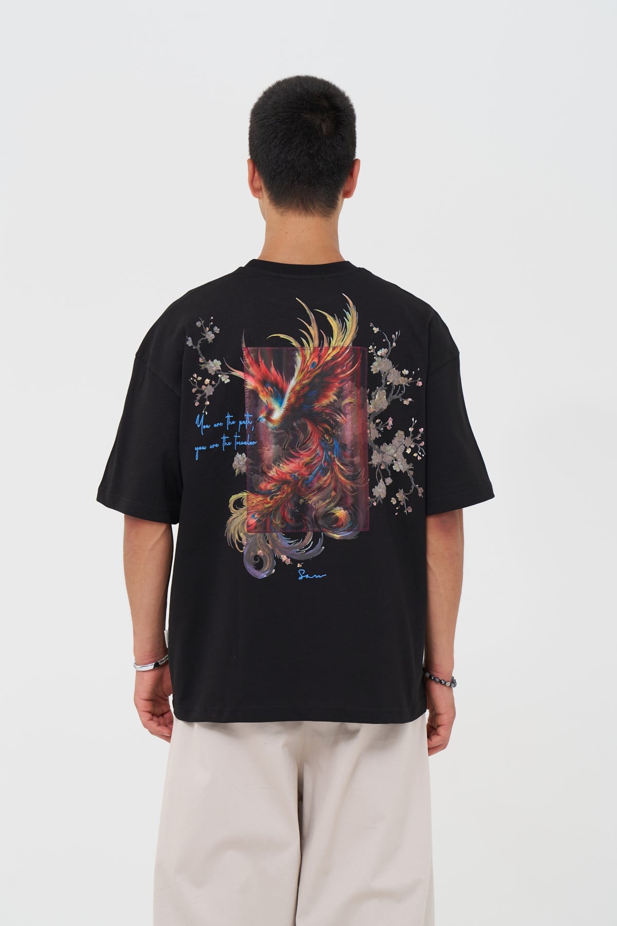 Phoenix Bloom Oversize Erkek Tişört Siyah