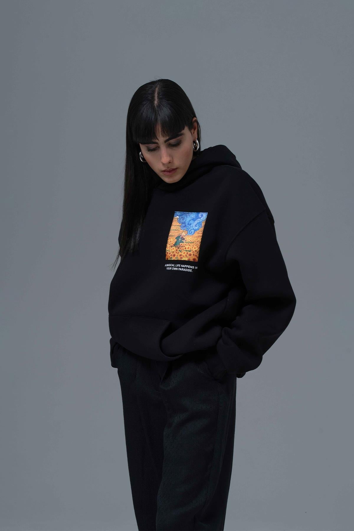 Starry Flow Oversize Sweatshirt Kadın Siyah