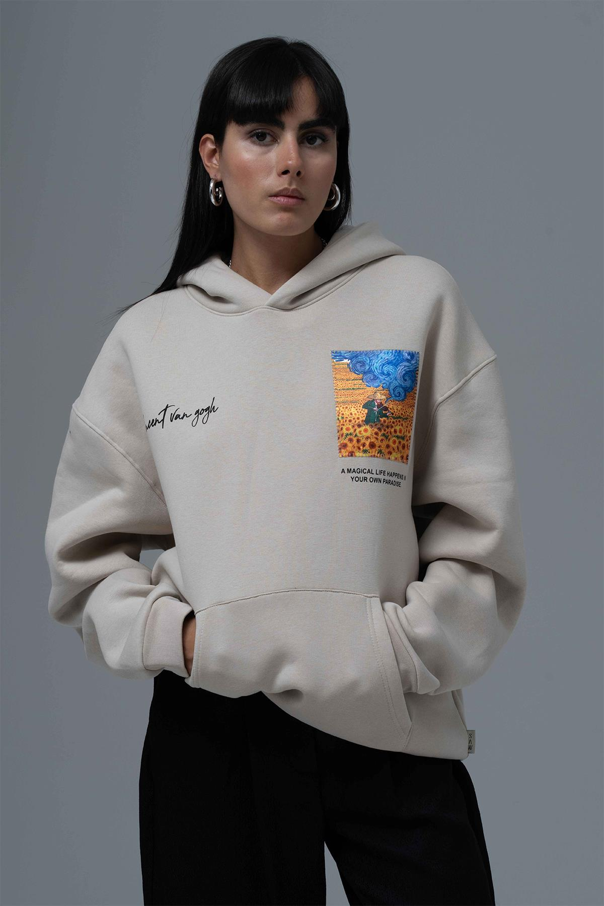 Starry Flow Oversize Sweatshirt Kadın Ekru