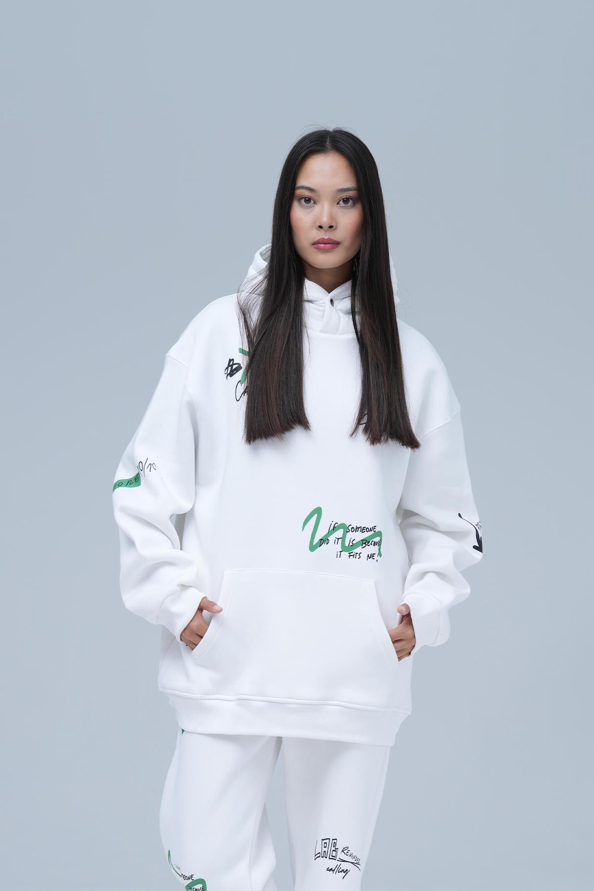 Street Script Oversize Eşofman Takımı Kadın Ekru