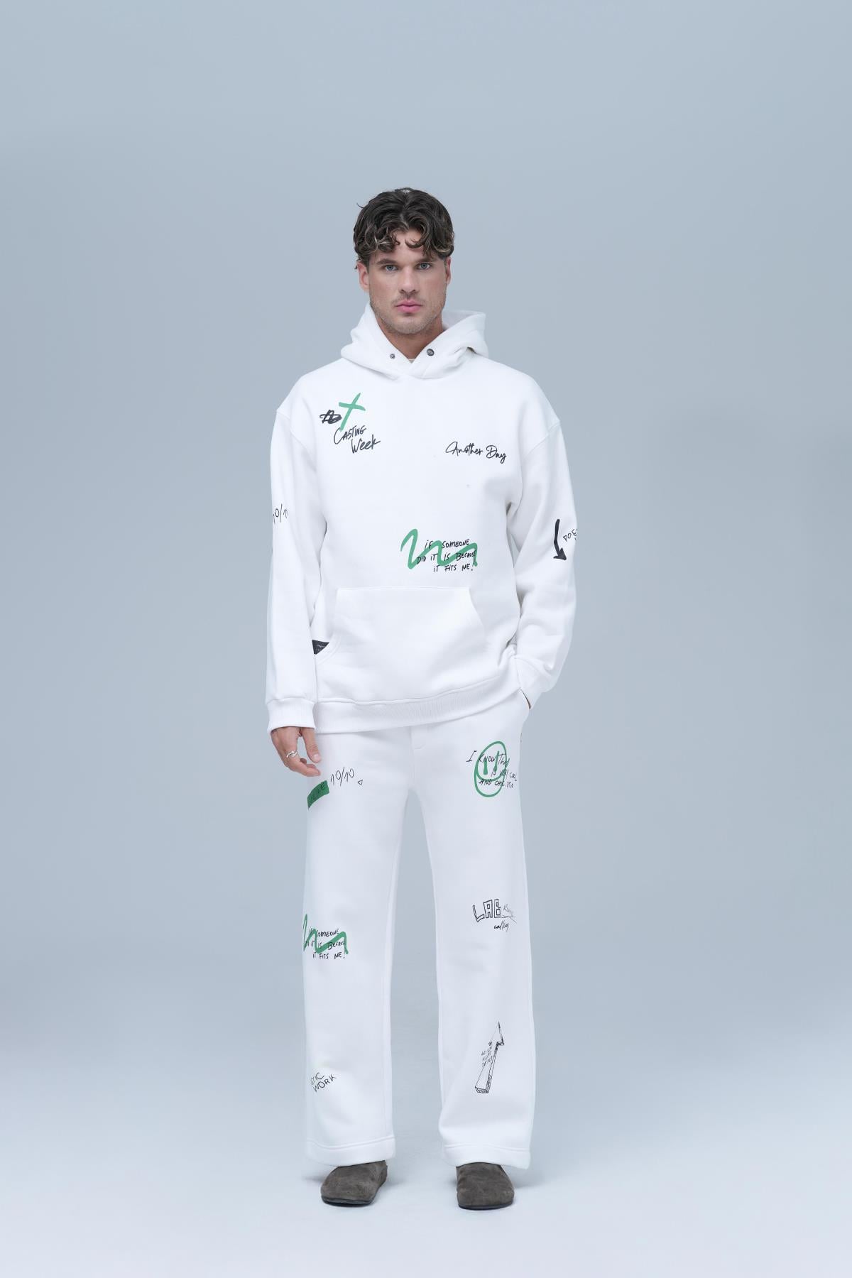 Street Script Oversize Eşofman Takımı Erkek Ekru