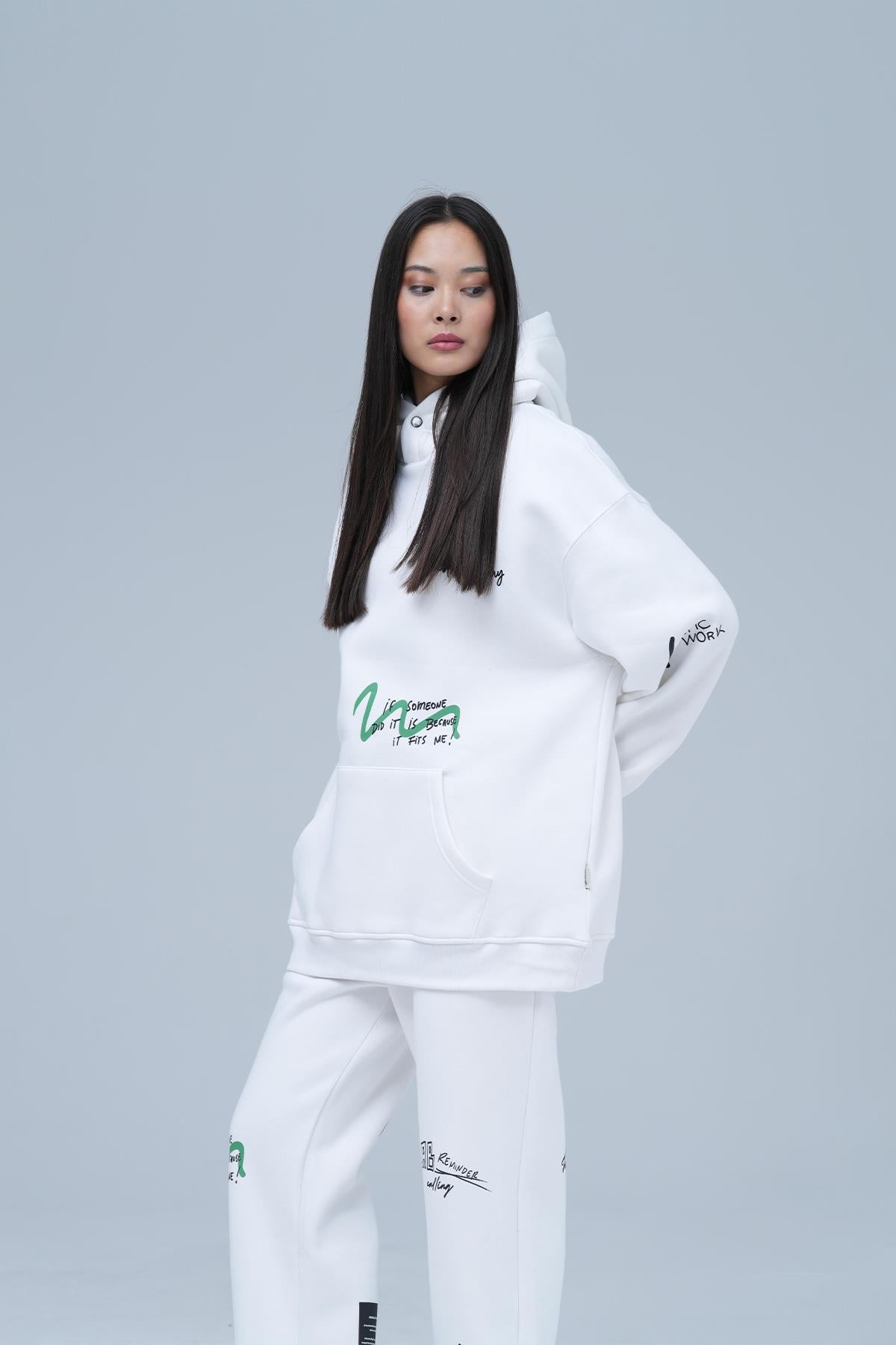 Street Script Oversize Eşofman Takımı Kadın Ekru