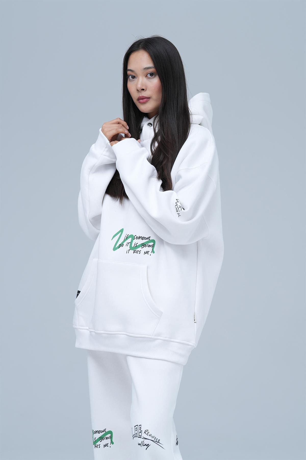 Street Script Oversize Eşofman Takımı Kadın Ekru