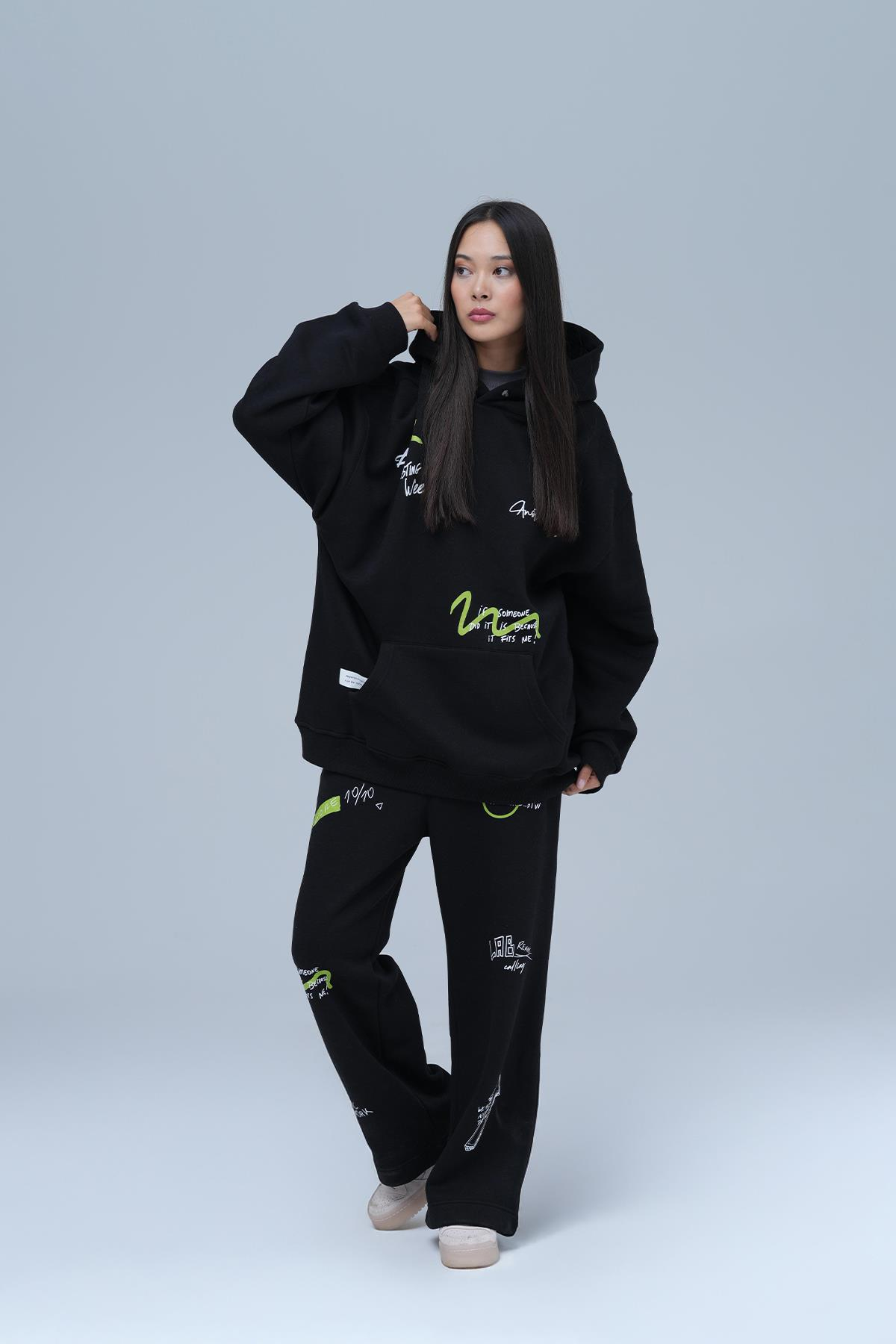Street Script Oversize Eşofman Takımı Kadın Siyah