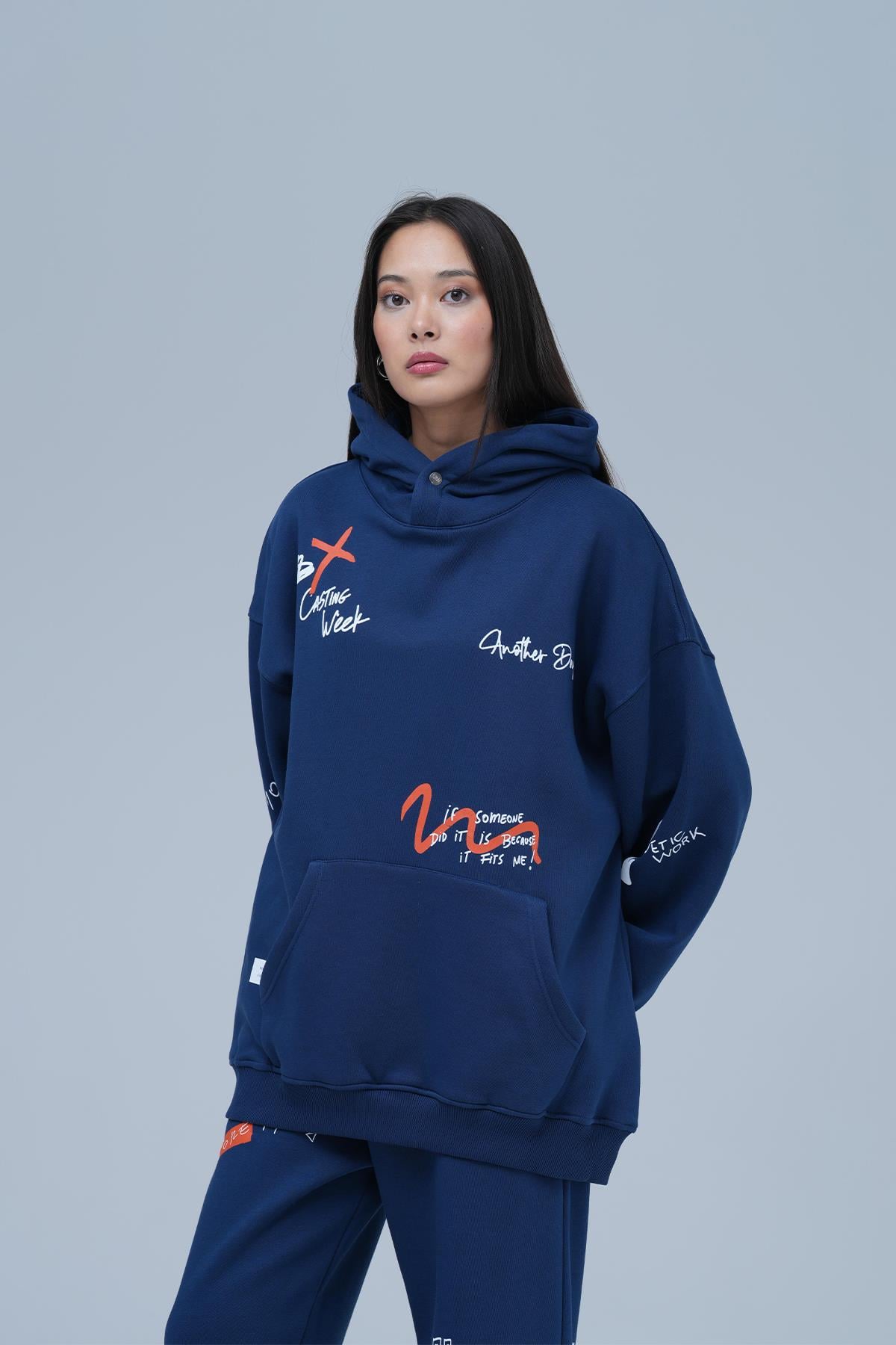 Street Script Oversize Eşofman Takımı Kadın Lacivert