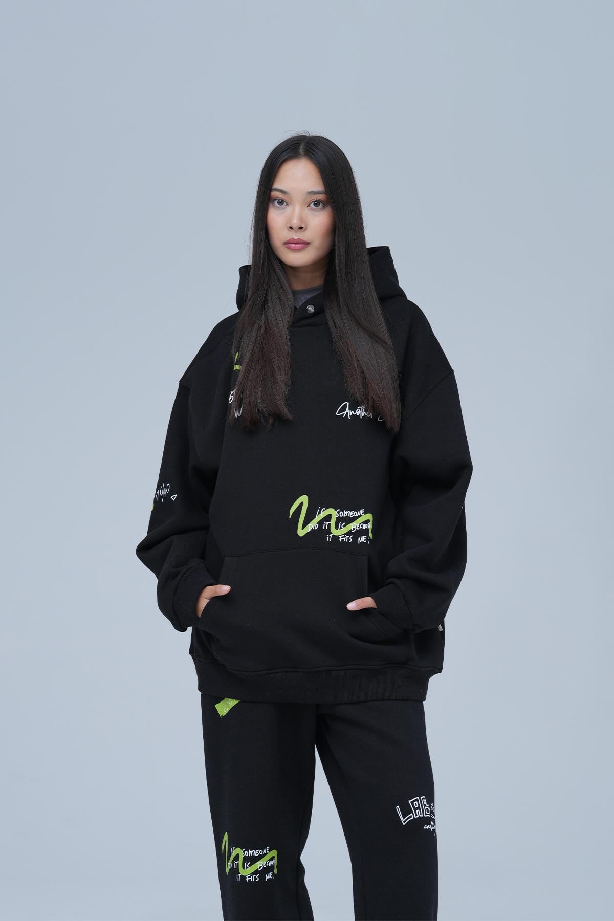 Street Script Oversize Eşofman Takımı Kadın Siyah