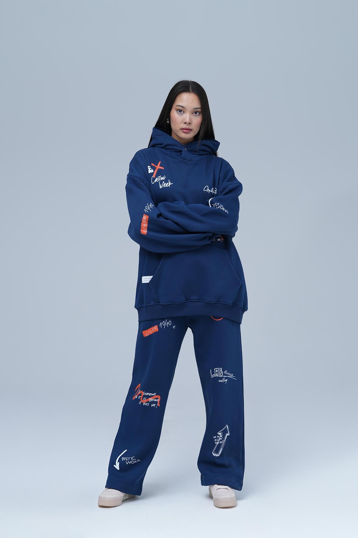 Street Script Oversize Eşofman Takımı Kadın Lacivert