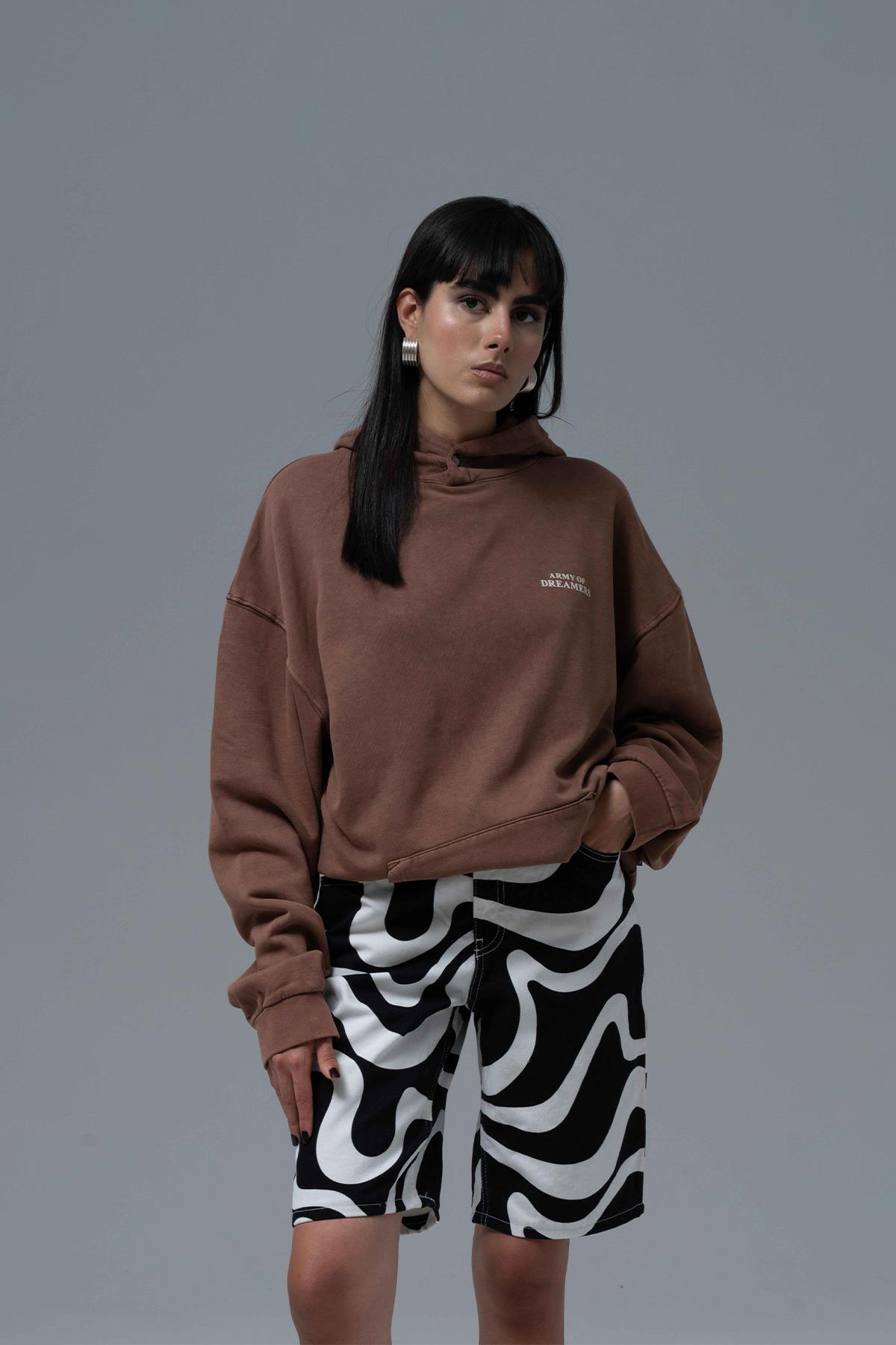 Washed Peace Oversize Sweatshirt Kadın Kahverengi