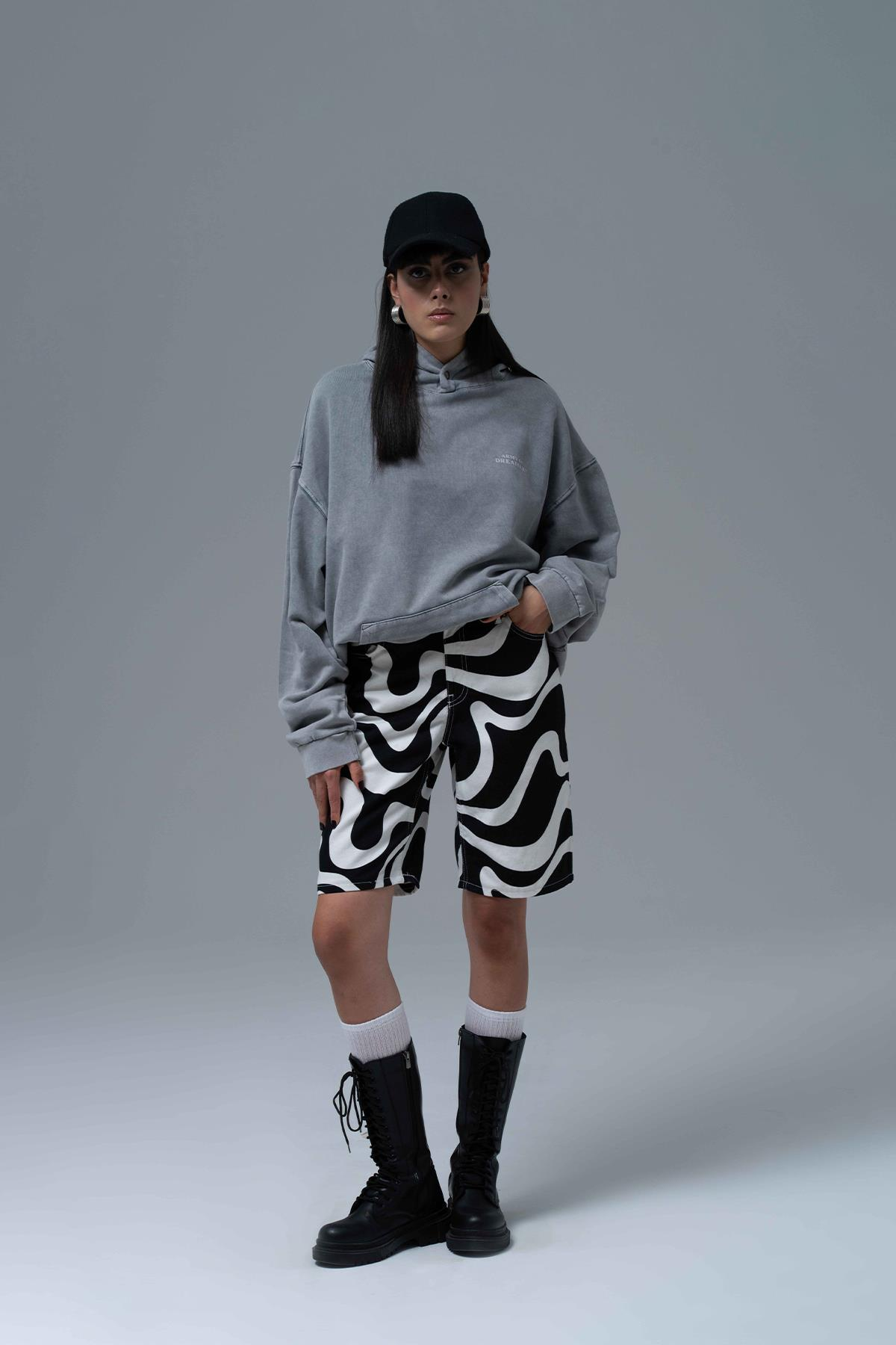 Washed Peace Oversize Sweatshirt Kadın Füme