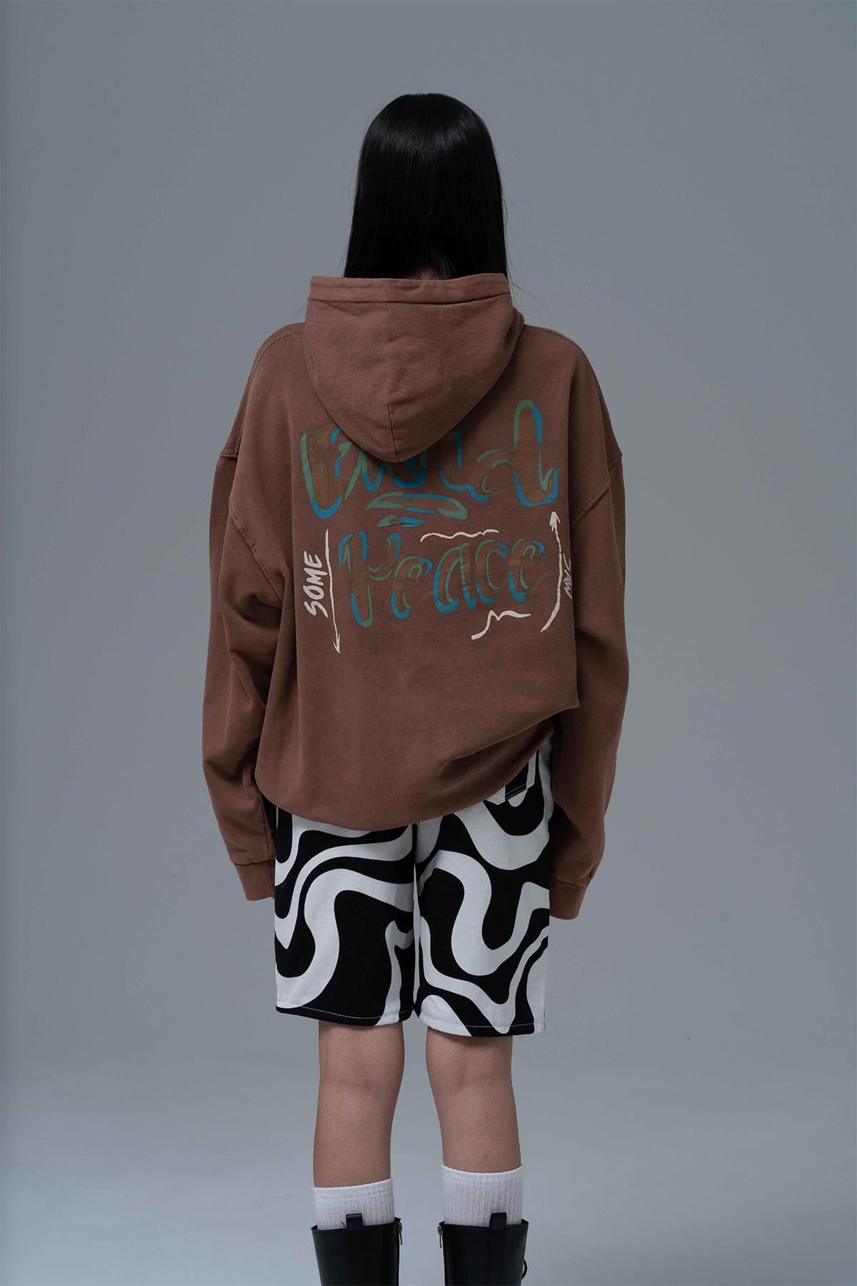 Washed Peace Oversize Sweatshirt Kadın Kahverengi