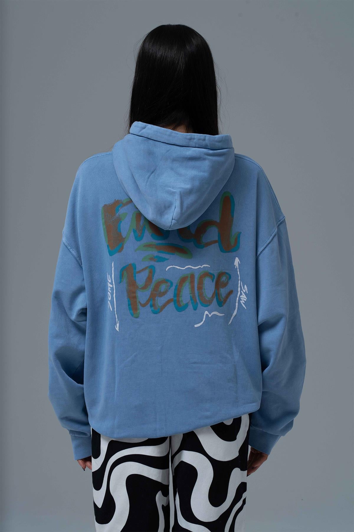Washed Peace Oversize Sweatshirt Kadın Mavi