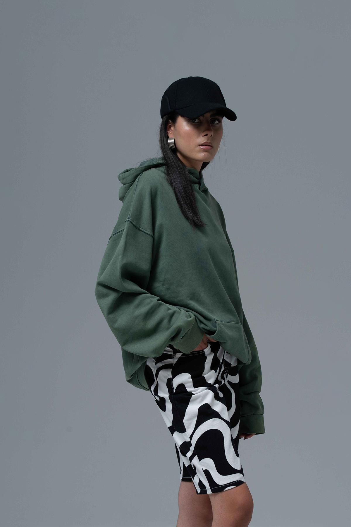 Washed Peace Oversize Sweatshirt Kadın Yeşil