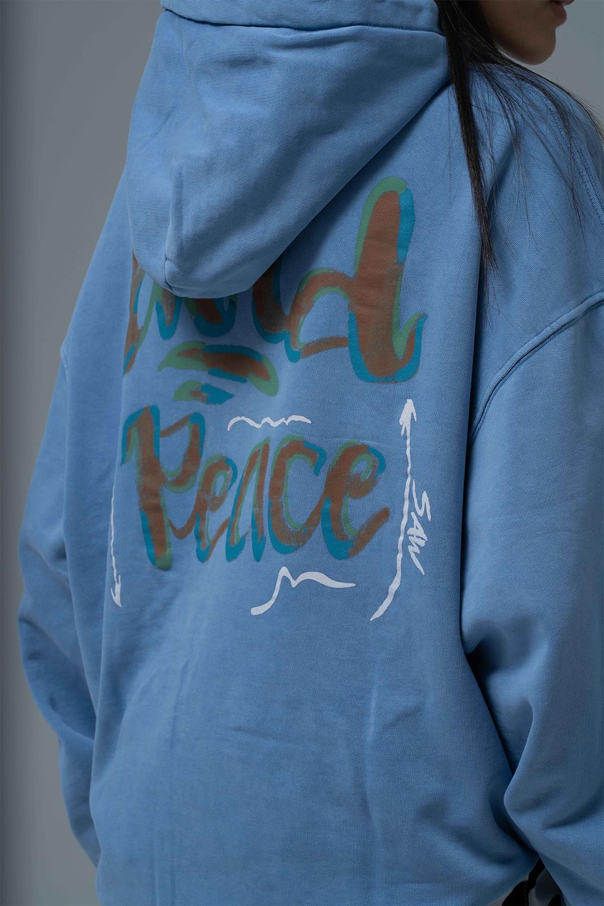 Washed Peace Oversize Sweatshirt Kadın Mavi
