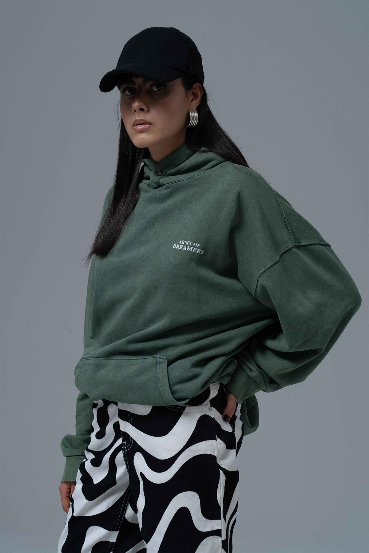 Washed Peace Oversize Sweatshirt Kadın Yeşil