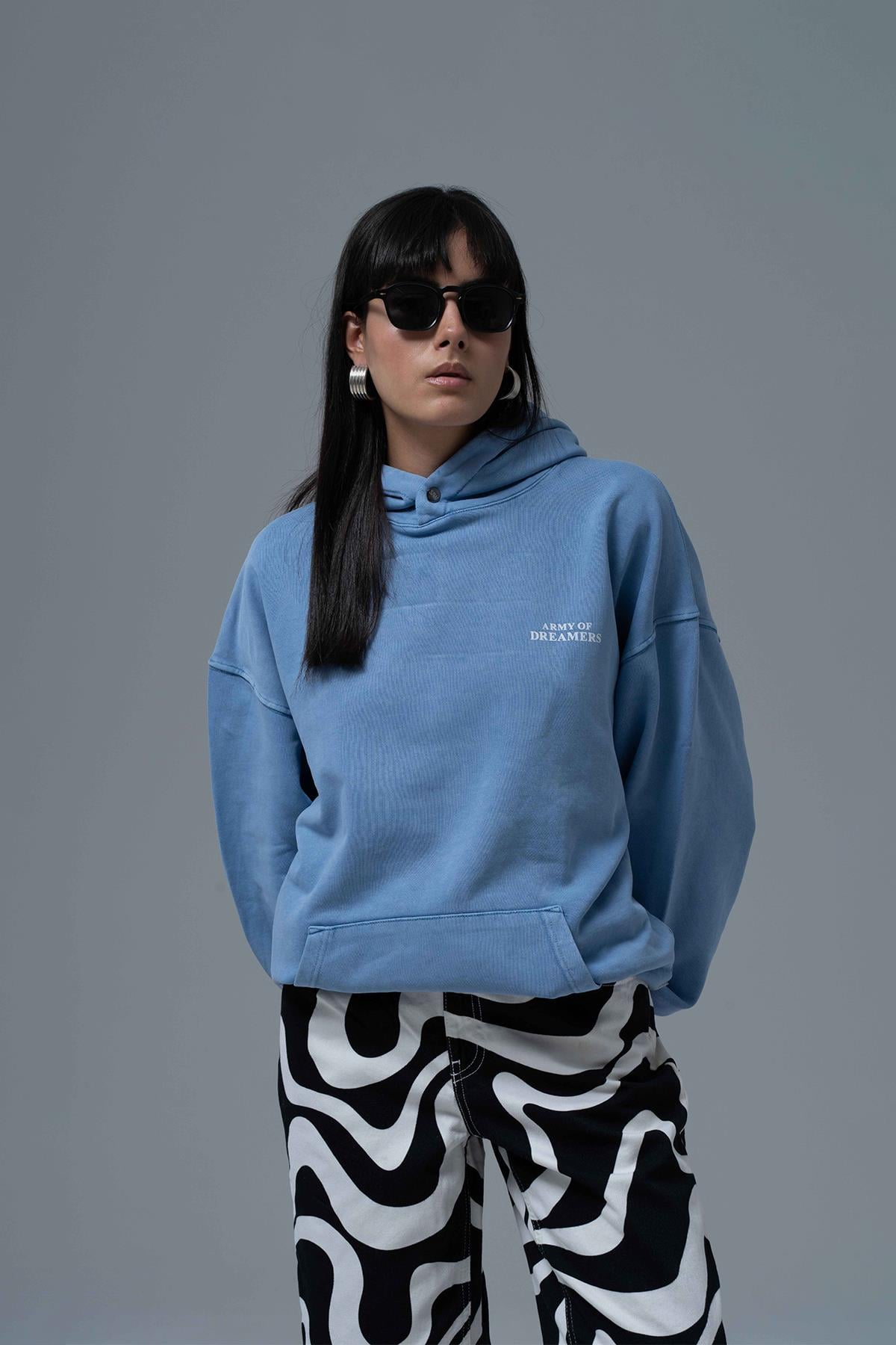 Washed Peace Oversize Sweatshirt Kadın Mavi