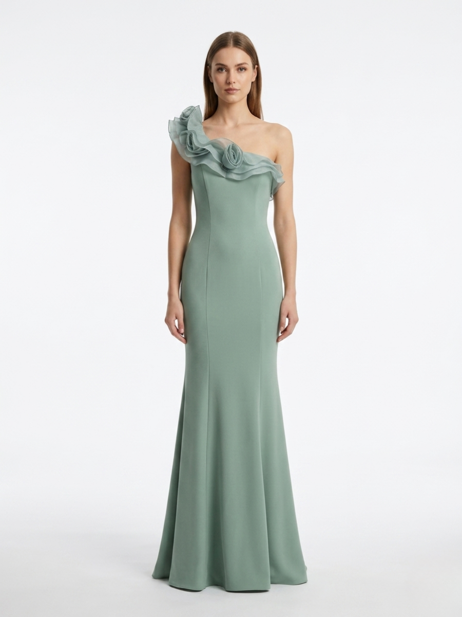 Tek Omuz Organze Volanlı Balık Model Elbise Mint