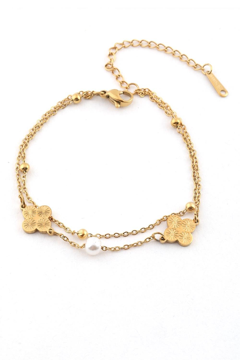 316L Çelik İncili Yonca Model Bileklik Gold Renk