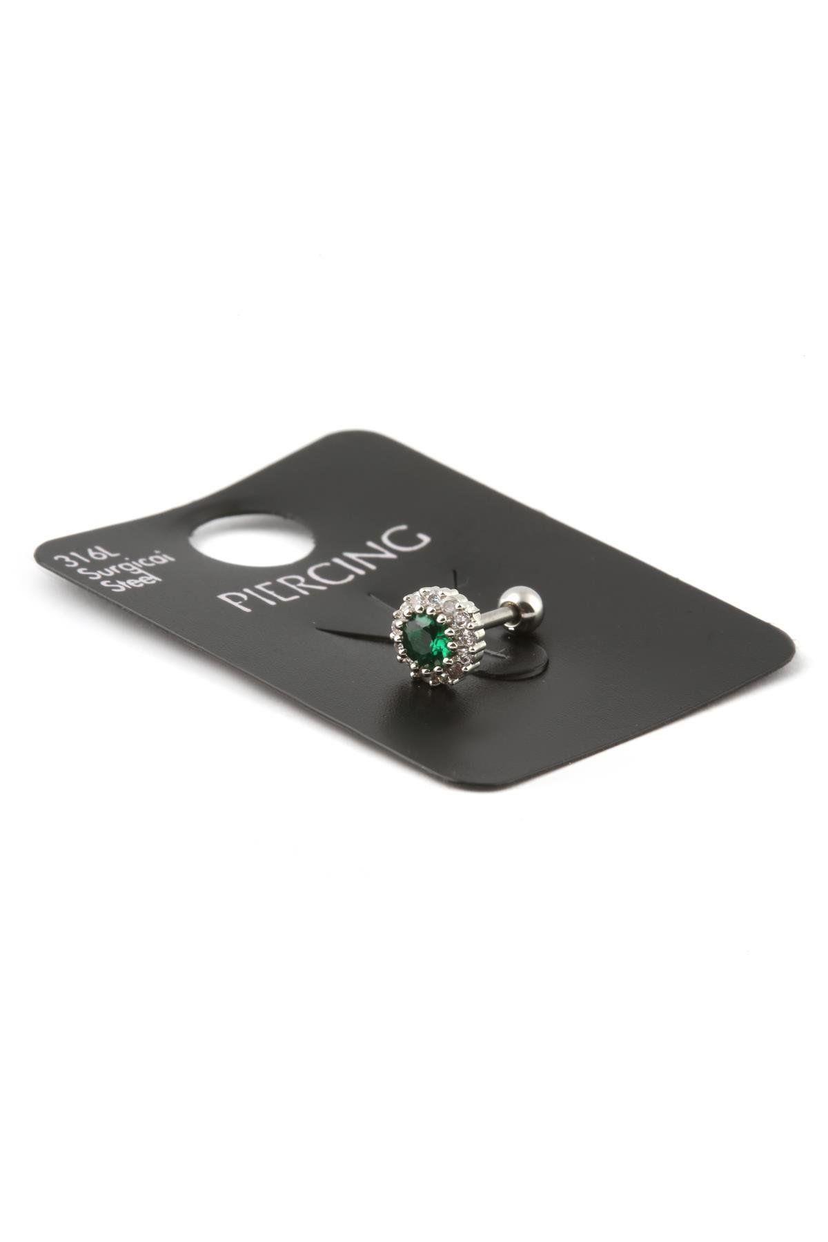 316L Cerrahi Çelik Tragus Piercing Yeşil Zirkon Taşlı