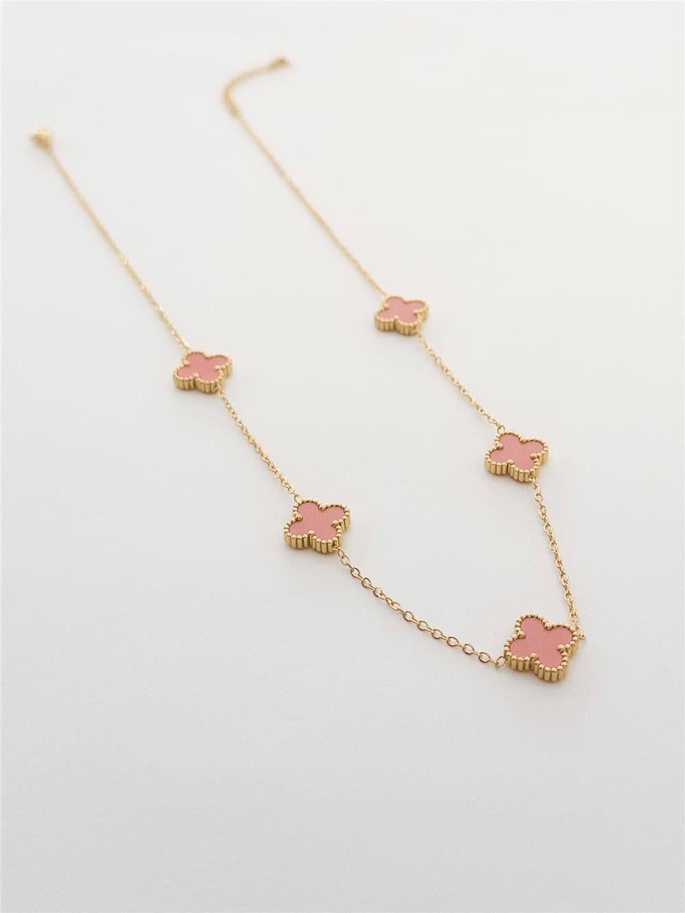 Kadın Çelik Kolye Pembe Beşli Yonca Figürlü Gold Renk 45 cm